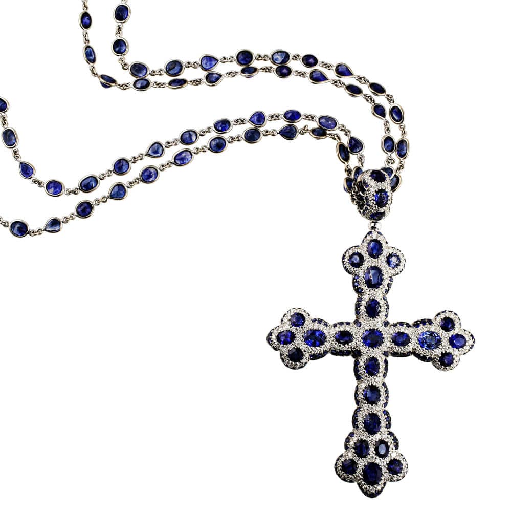 18K White Gold Diamond & Sapphire Cross Pendant Necklace for Women - Elegant Religious Jewelry Gift for Baptism, Confirmation & Special Occasions