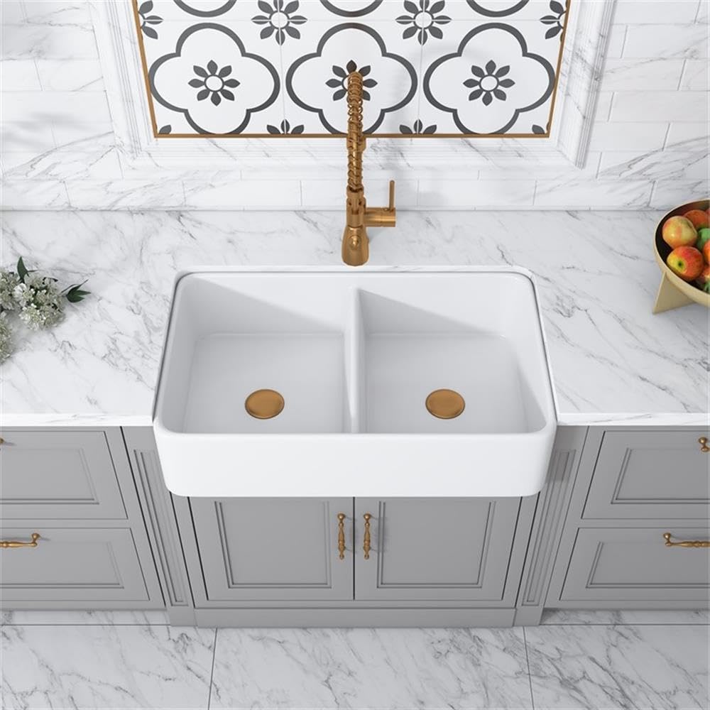 Trieste 32-Inch White Ceramic Double Bowl Farmhouse Apron Kitchen Sink - Perfect for Rustic & Modern Kitchens, Dishwashing & Food Prep