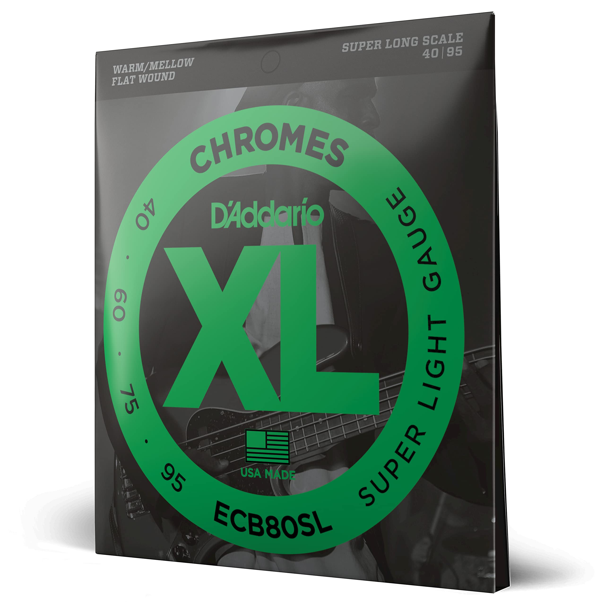 D'Addario XL Chromes Flat Wound Bass Guitar Strings - ECB80SL - Super Long Scale - Super Light (40-95) | Smooth Jazz & Studio Recording Bass Strings for Professional Musicians