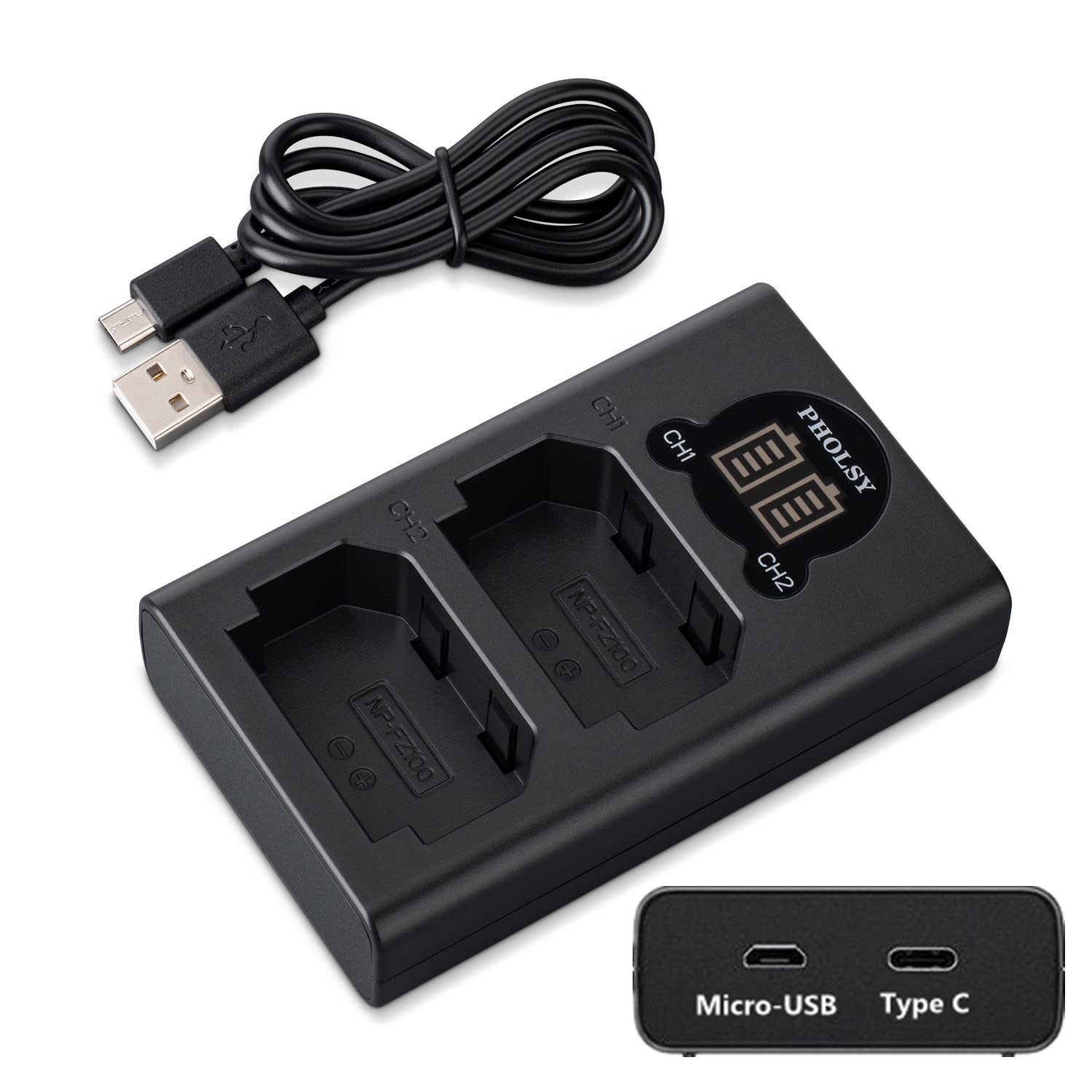 PHOLSY NP-FZ100 Dual USB Battery Charger for Sony Cameras - Compatible with Sony a1, a9M2, a9, a7SM3, a7RM4A, a7RM4, a7RM3A, a7RM3, a7C, a7M4, a7M3, a6600 | Fast Charging & Travel-Friendly for Photography & Videography