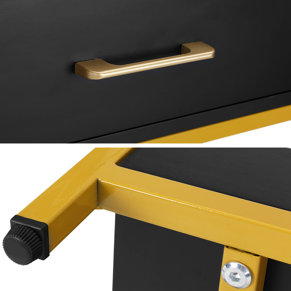 Modern Black & Gold Bedside Table with Top Drawer and Bottom Tray - Nightstand for Bedroom, Living Room, or Office Storage