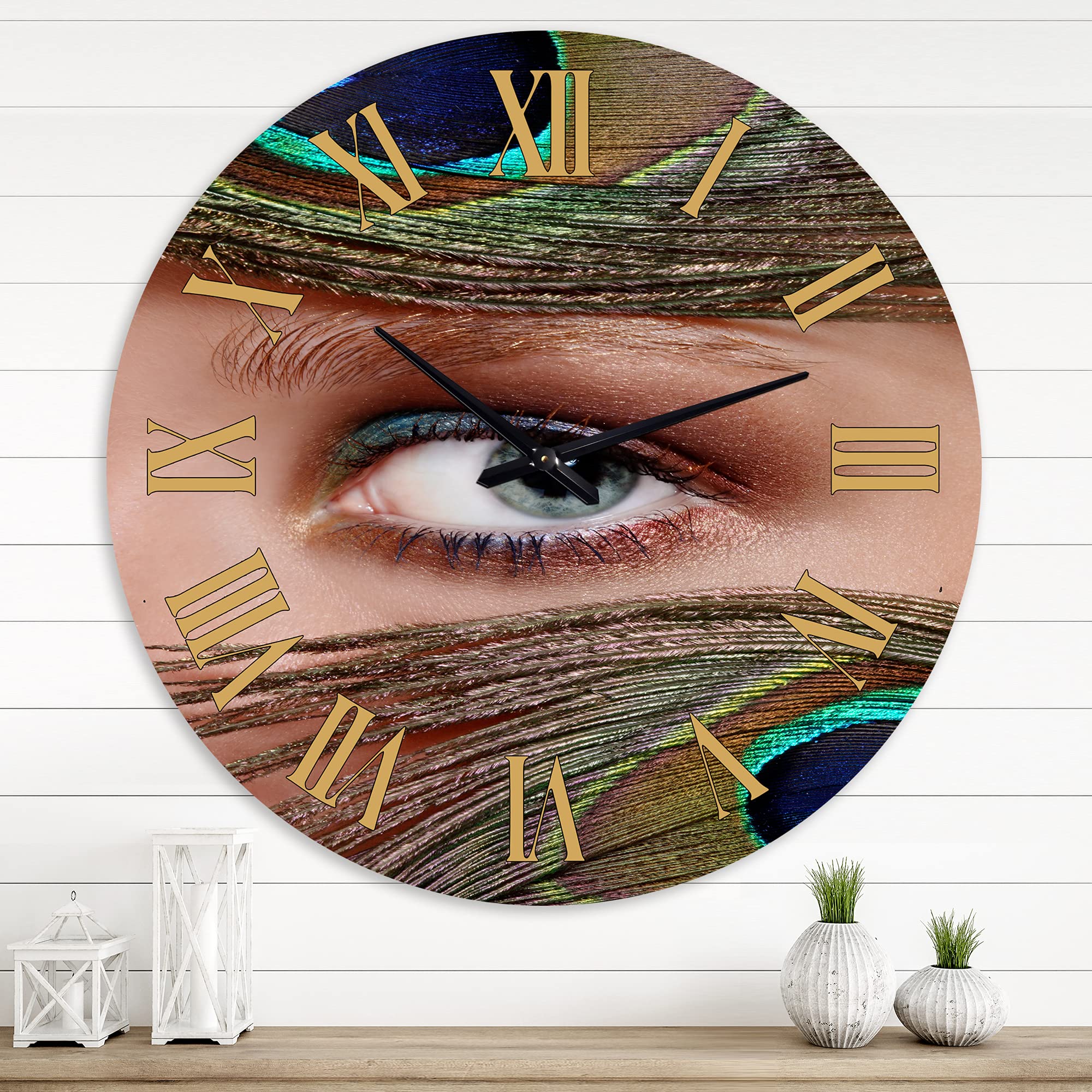 Bohemian & Eclectic Wall Clock with Eye and Peacock Feathers Design - Large Decorative Wall Clock for Living Room, Bedroom & Office Decor | Perfect for Boho, Vintage & Eclectic Home Interiors