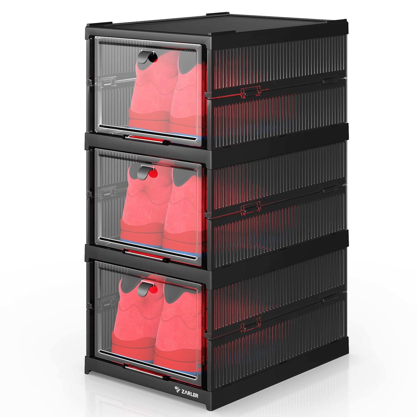 Zarler 3-Pack Clear Hard Plastic Stackable Shoe Storage Boxes with Lids - Instant Assembly Collapsible Drop Front Shoe Organizer for Men's Size 12 Sneakers | Perfect for Closet Organization, Shoe Display & Home Storage Solutions