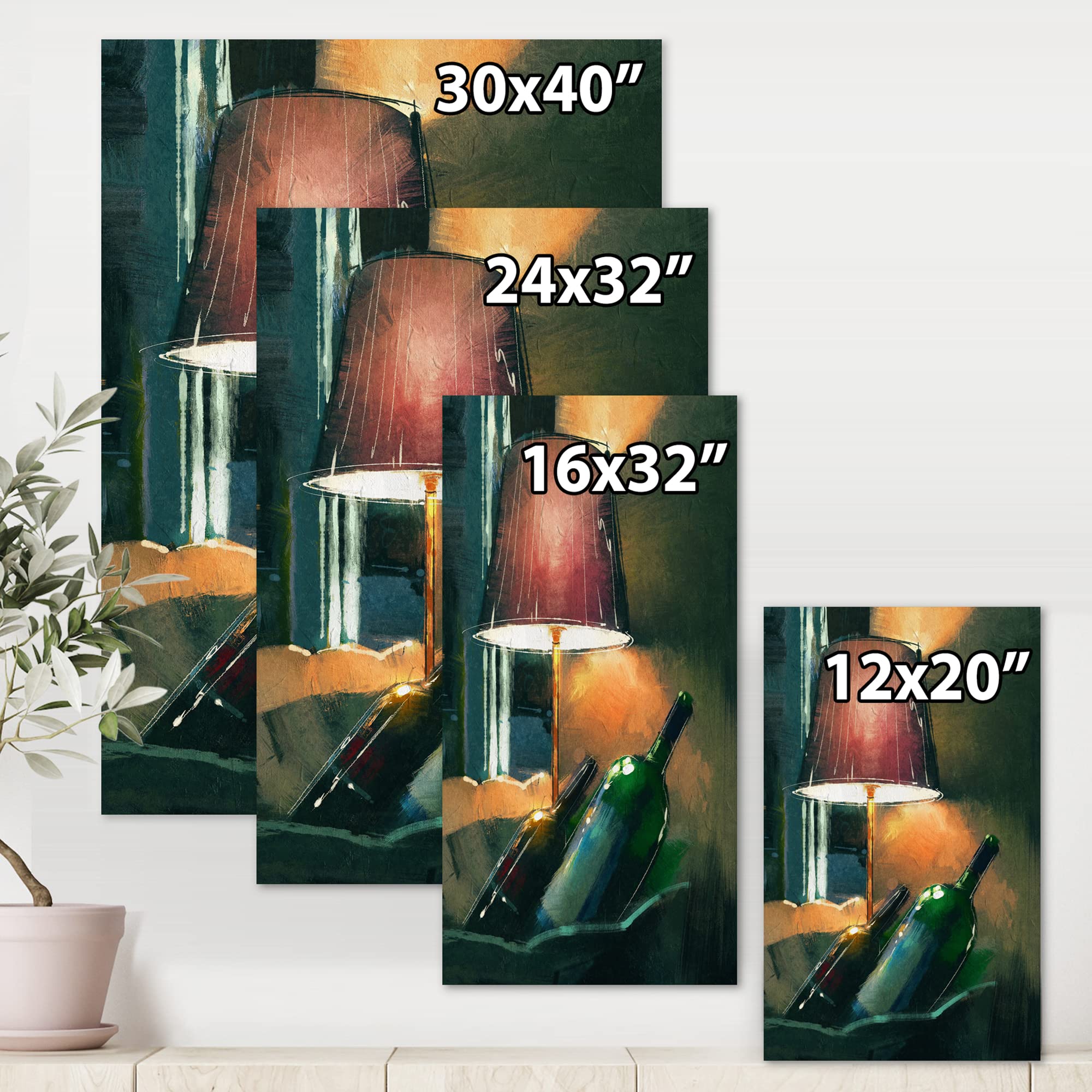 DesignQ Glowing Orange Wine Bottles & Lamp Modern Canvas Wall Art - Nighttime Home Decor for Living Room, Bedroom & Bar