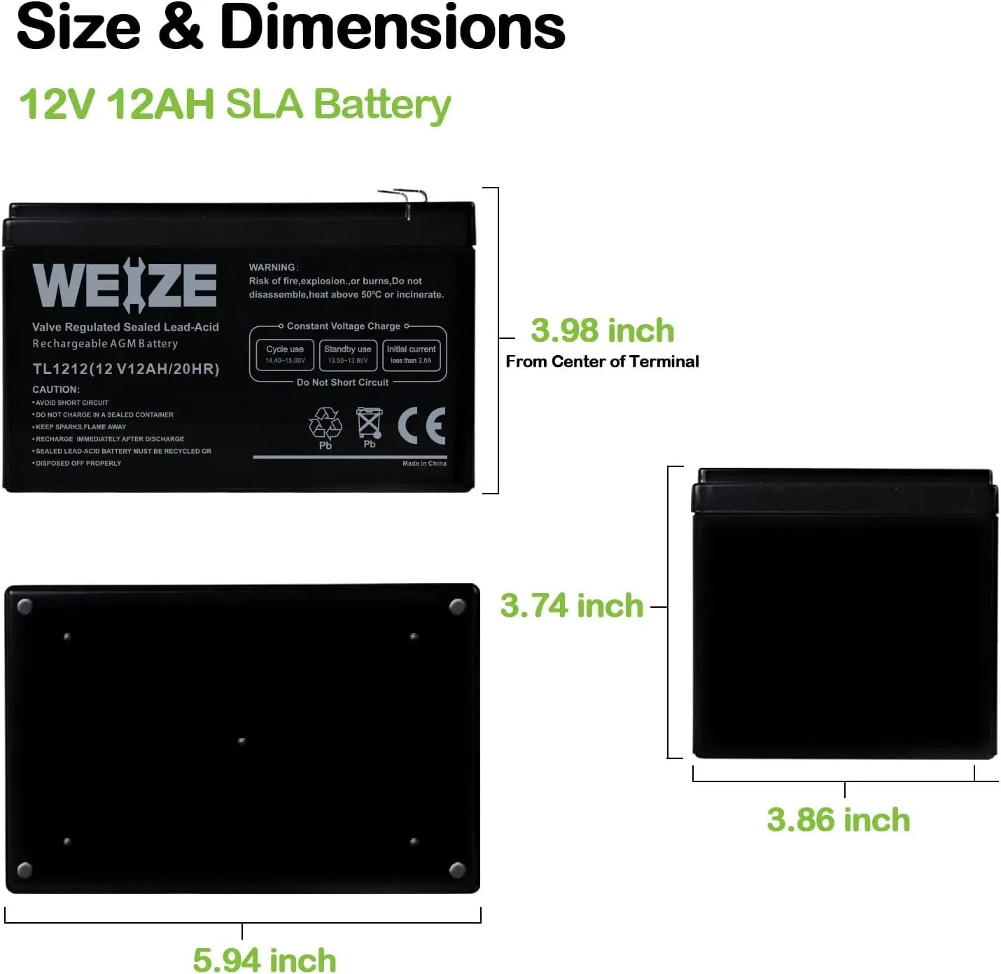 WEIZE 12V 12Ah Sealed Lead Acid Deep Cycle AGM Battery - Perfect for Solar Power Systems, Electric Scooters, and Backup Power Supplies