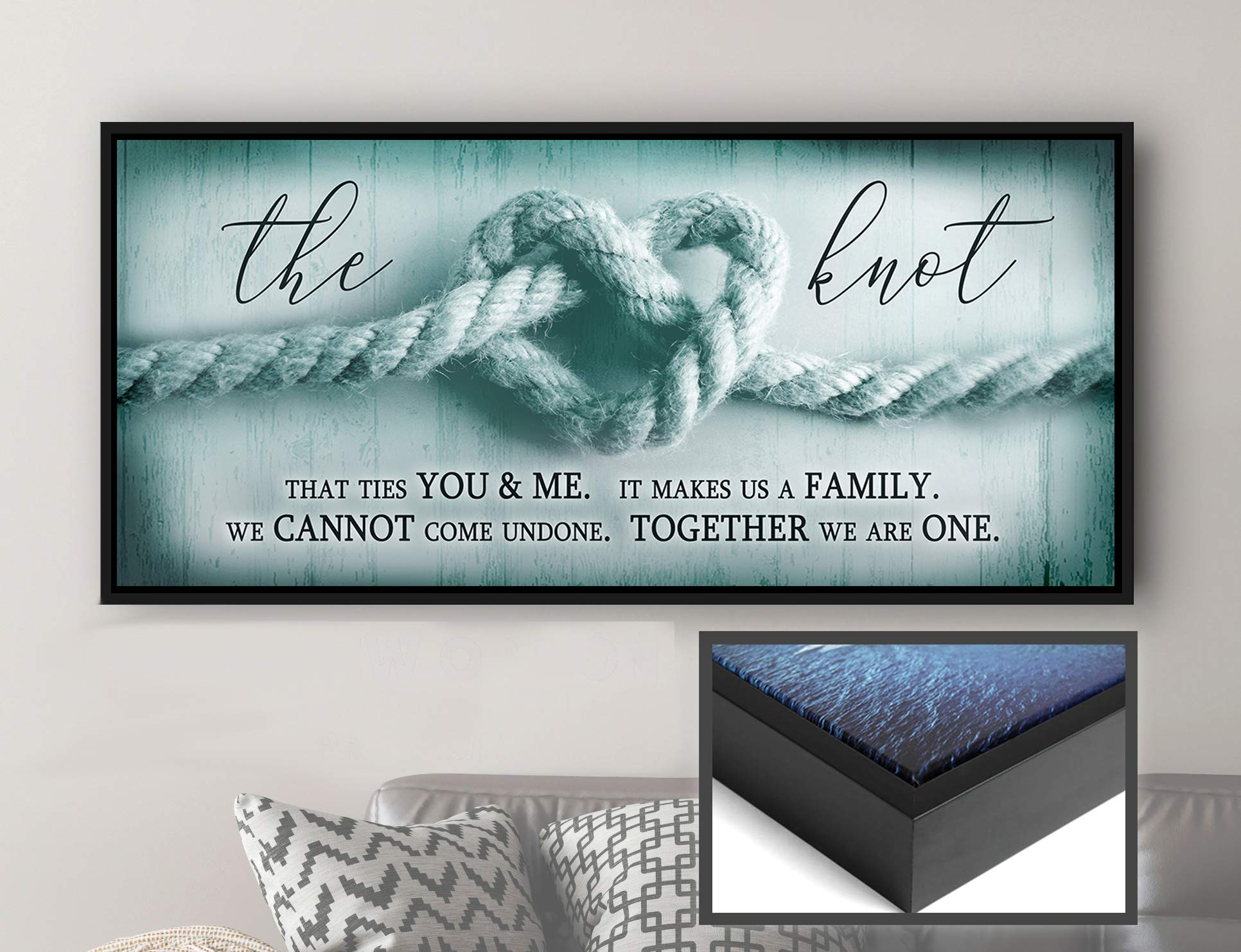 Romantic The Knot Wall Art for Couples - Teal & Black Floating Frame 42x19 - Large Framed Love Sign for Bedroom Decor, Master Bedroom Wall Décor, Over the Bed Art Piece | Perfect for Anniversary Gifts, Wedding Presents & Couples' Home Decoration