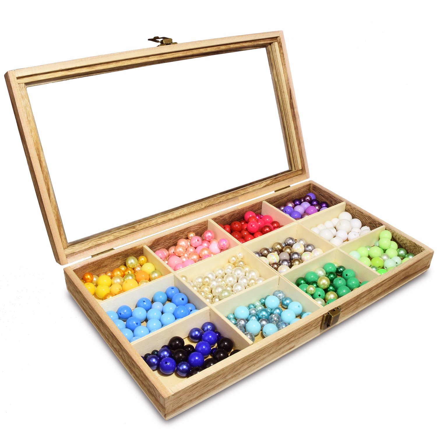 Elegant Wooden Jewelry Organizer Box with Glass Lid - 12 Compartment Jewelry Storage Tray for Rings, Bracelets, Gemstones & Small Accessories - Oak Finish - Perfect for Vanity, Dresser & Travel Jewelry Organization