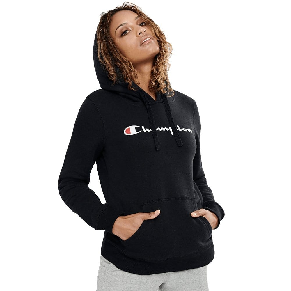Champion Women's Script Logo Black Hoodie - Cozy Pullover Sweatshirt for Casual Wear, Gym & Lounge