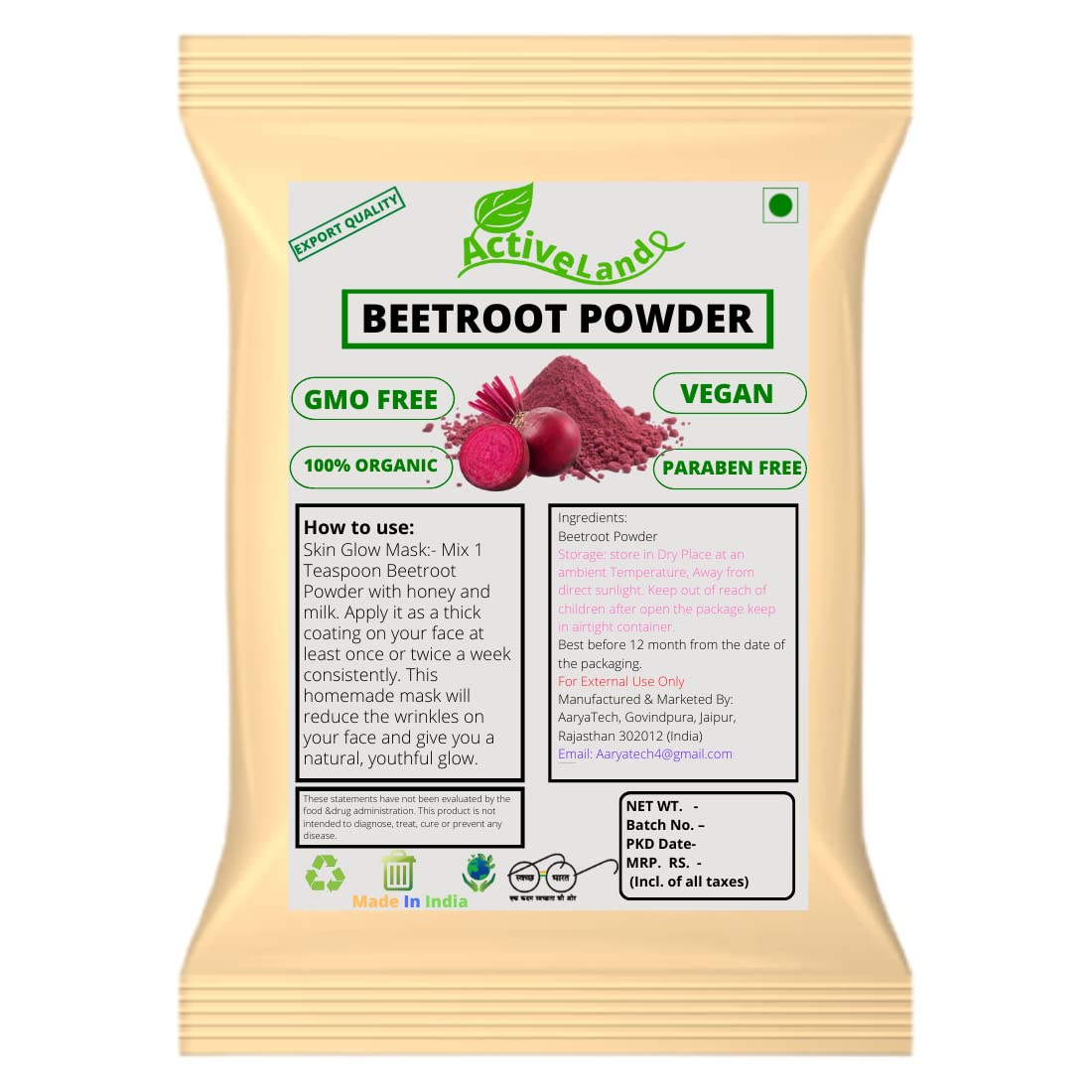 Activeland Beetroot Powder for Skin & Hair Care - 100% Natural, Chemical-Free (100g) | Hydrates & Nourishes Skin & Hair | Perfect for DIY Face Masks, Hair Treatments & Smoothies