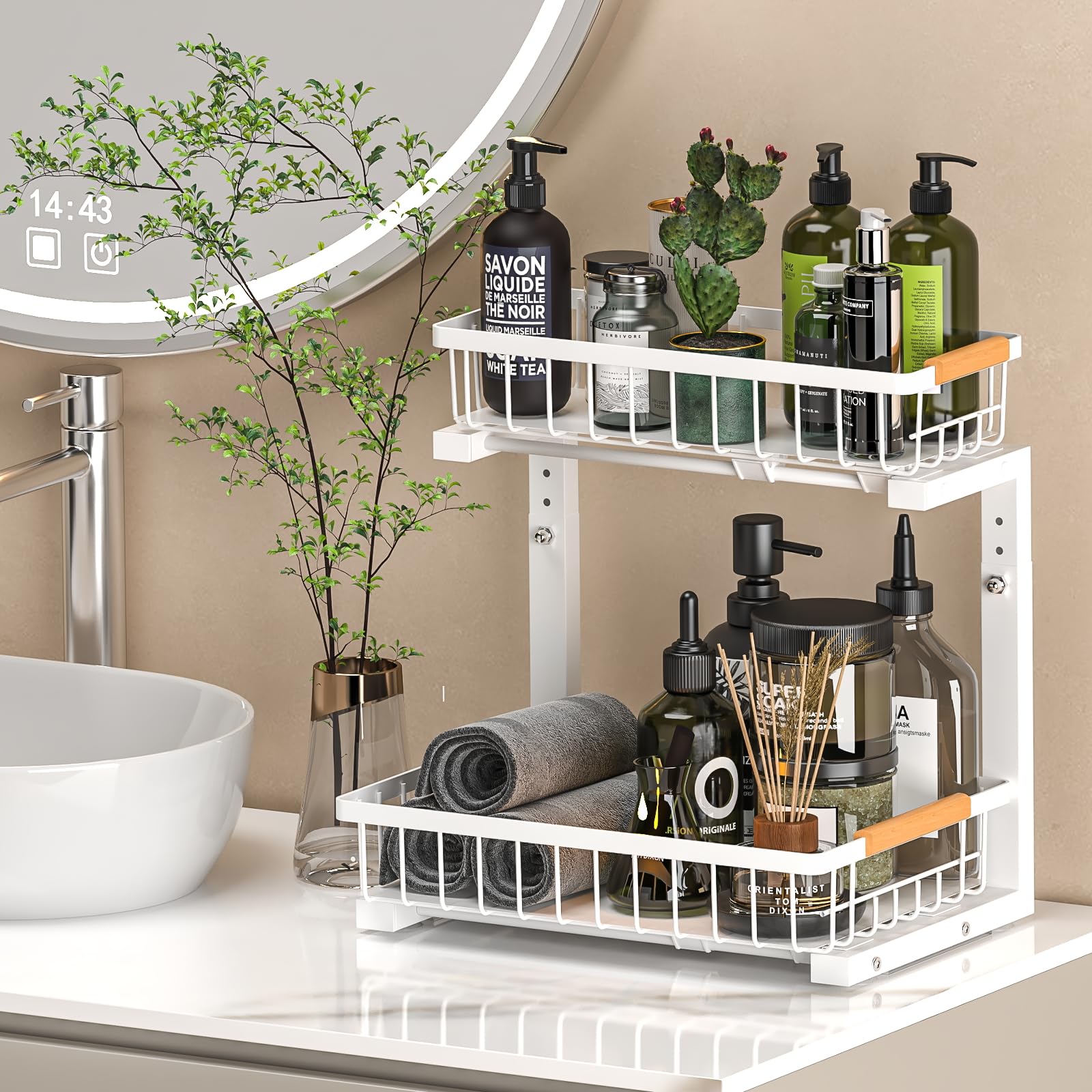 2-Tier Slide-Out Under Sink Organizer - Adjustable Height Pull-Out Cabinet Storage Drawer for Kitchen & Bathroom - Large Capacity Metal Rack Shelf Basket (White) - Perfect for Maximizing Under-Sink Space in Small Kitchens and Bathrooms