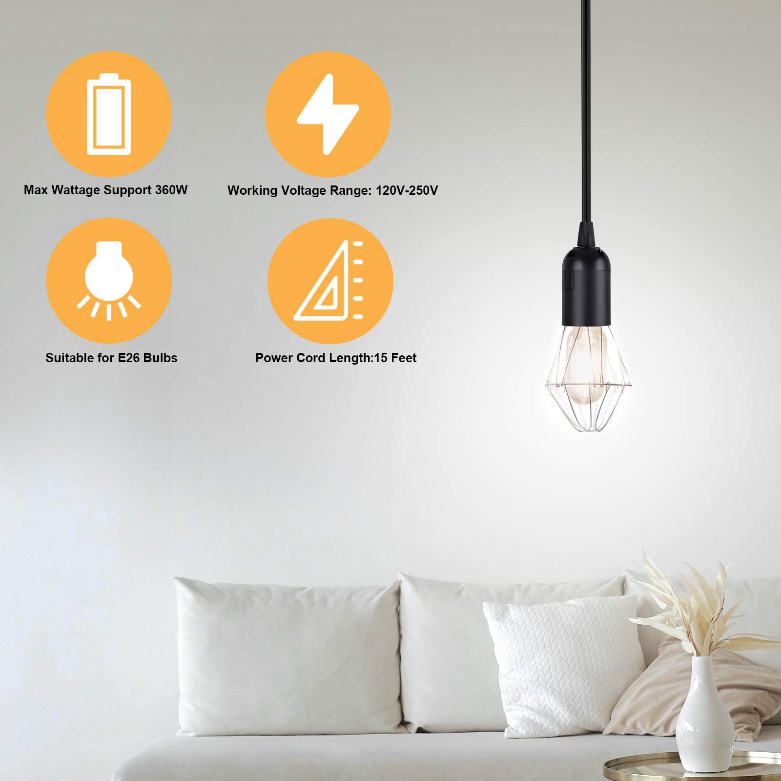 Simple Deluxe 360W 20ft Black Hanging Pendant Light Cord with E26 Socket - No Bulb Included | Perfect for Kitchen Island, Dining Room, and Bedroom Lighting