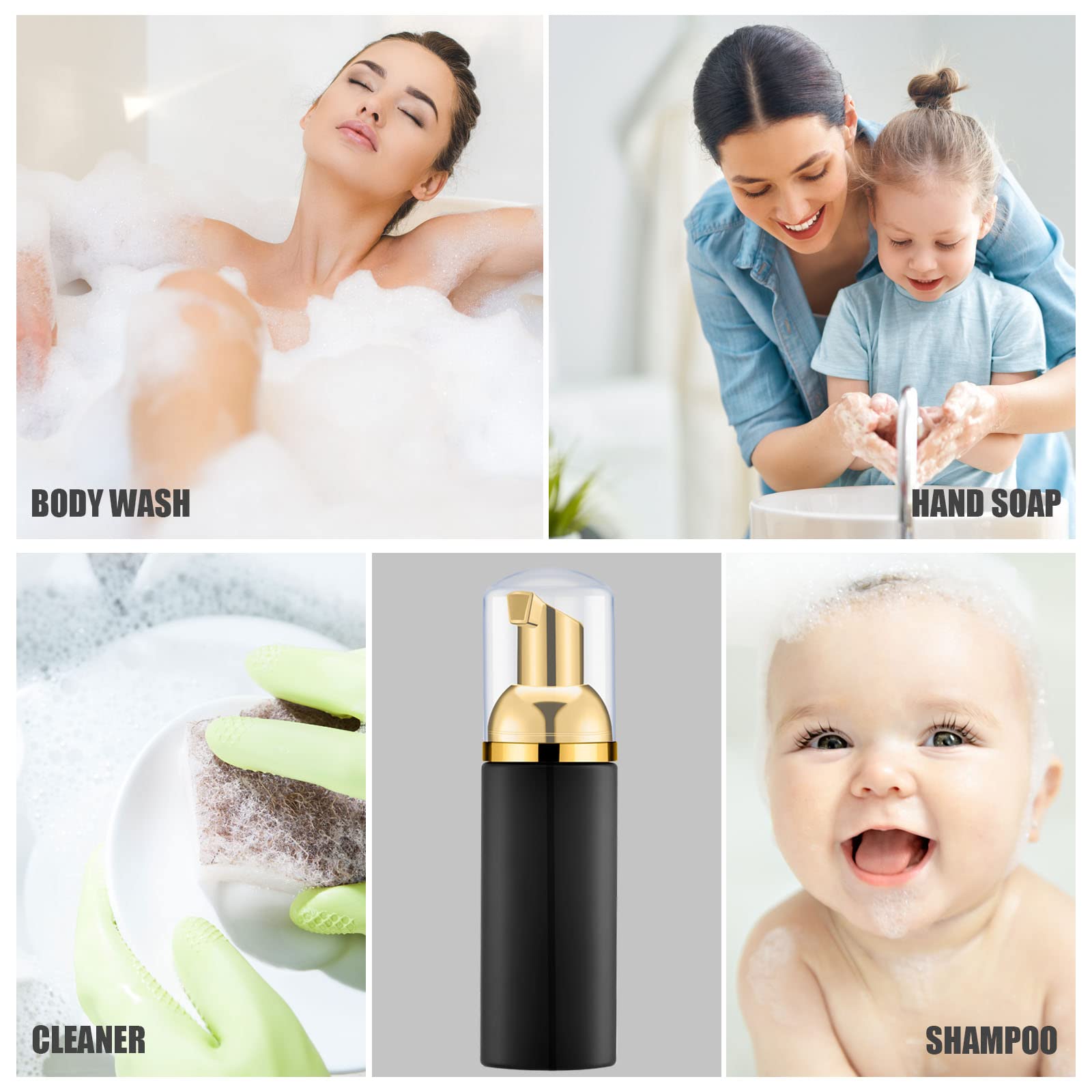 100PCS Black Foam Bottles with Gold Pump - 2oz Empty Travel Foaming Dispensers for Hand Soap & Lash Shampoo | Perfect for Salon, Home, Travel & DIY Beauty Products