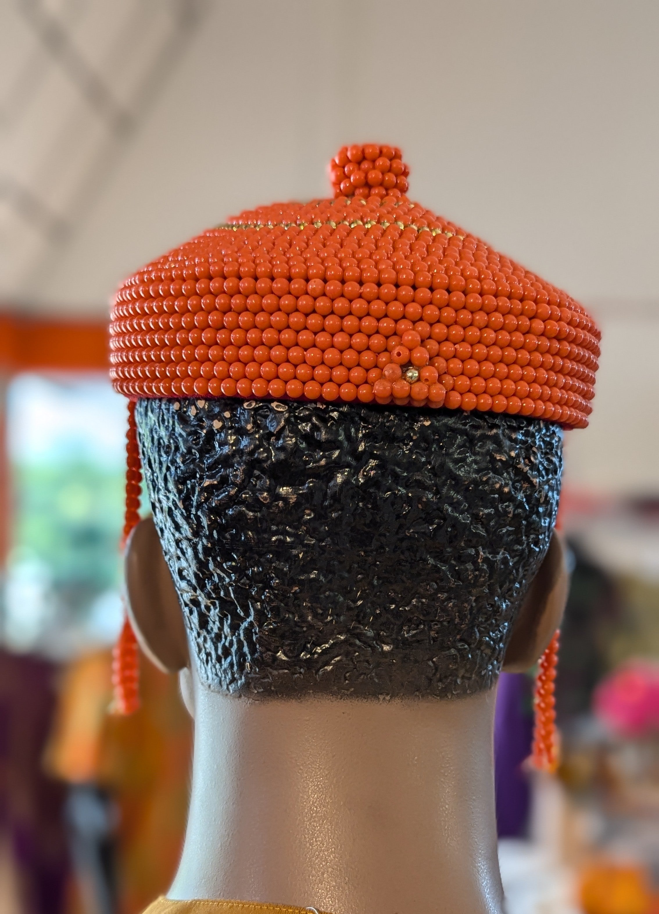 Handmade African Edo Igbo Beaded Crown Hat with Gold Trim - Majestic Orange Tribal Headpiece for Cultural Events, Weddings & Festivals | DPBHOG11