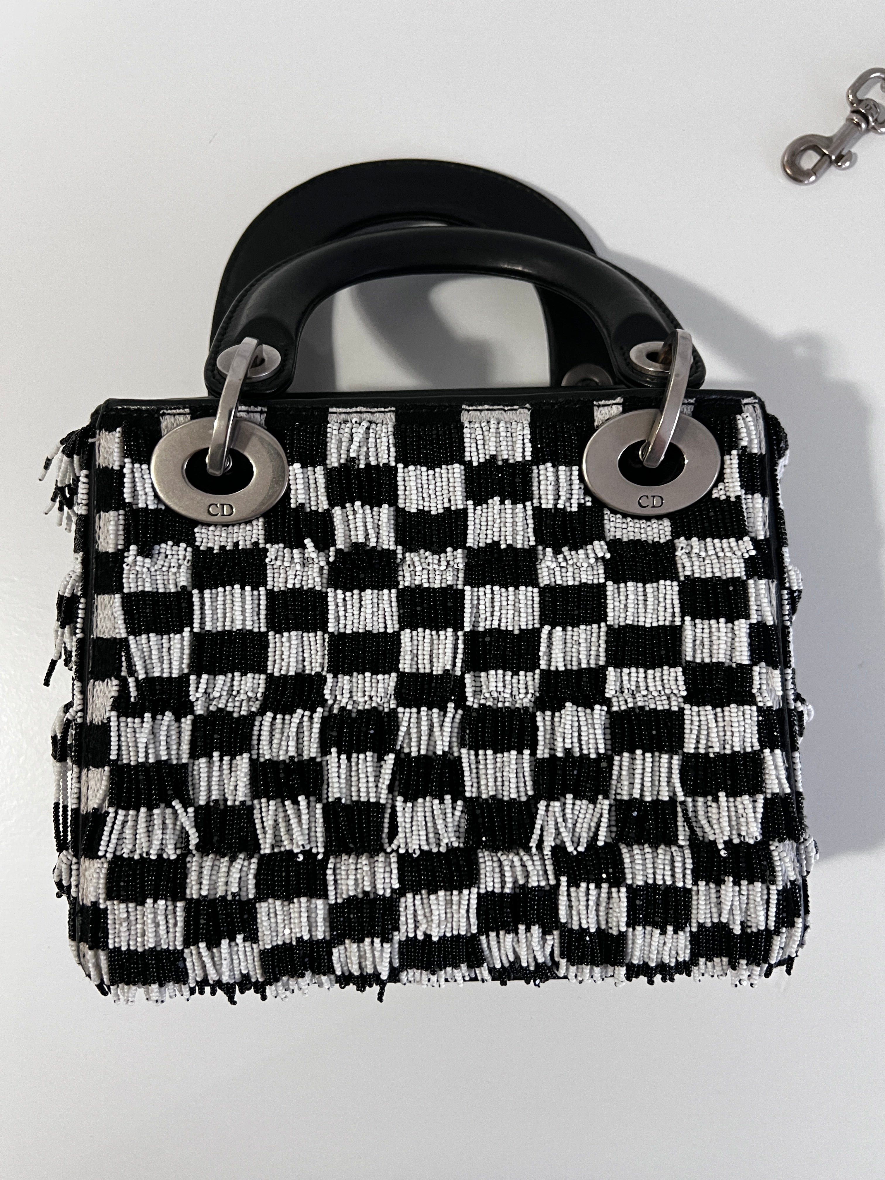 Dior Fringe Beaded Black & White Plaid Lady Dior Bag - Luxury Handbag for Women, Perfect for Parties, Weddings & Evening Events