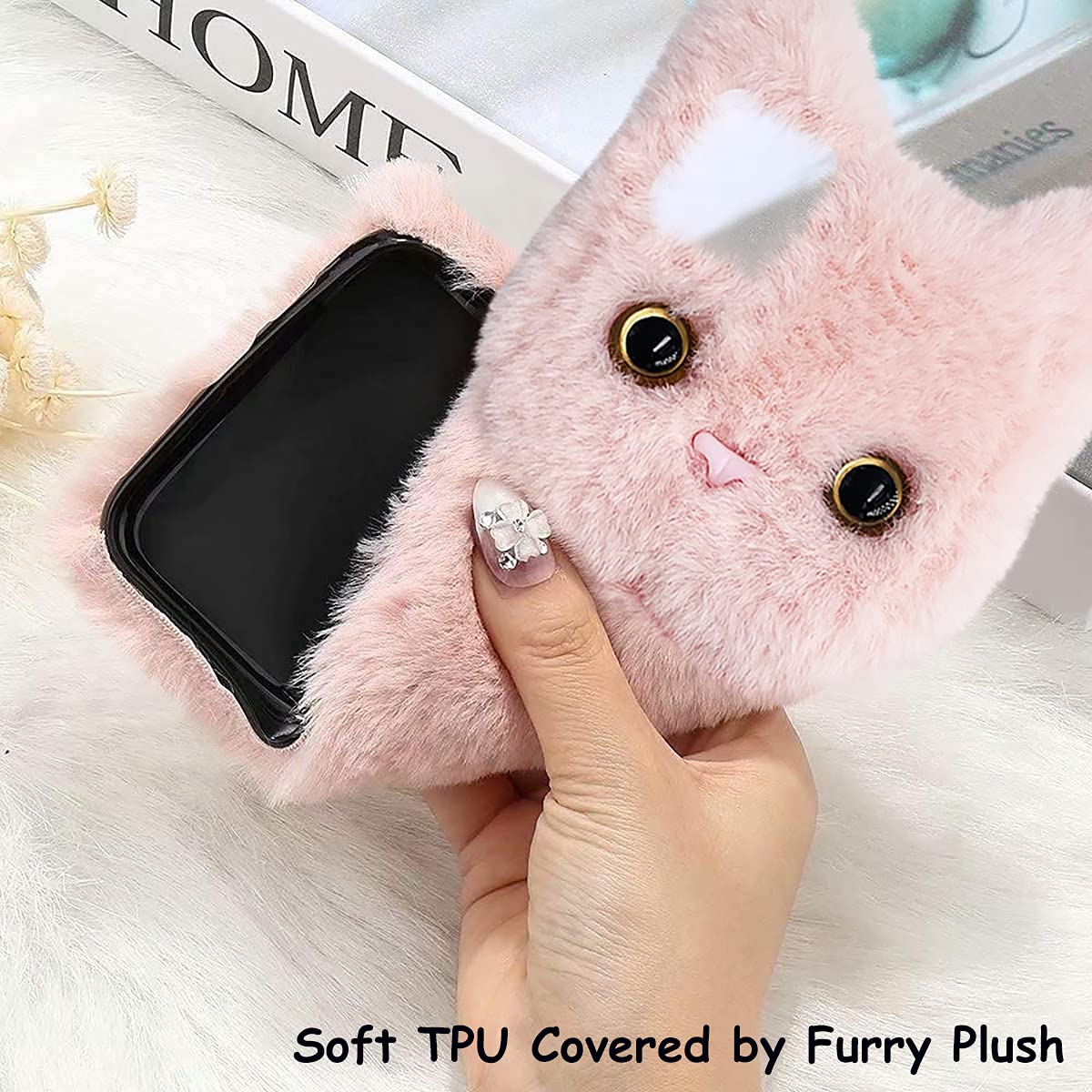 Cute Cat Phone Case for iPhone 13 Mini - Soft Fluffy Furry Plush Protective Cover with TPU Shockproof & Anti-Scratch Shell - Pink Winter Warm Case | Perfect Gift for Cat Lovers, Great for Daily Use & Outdoor Activities