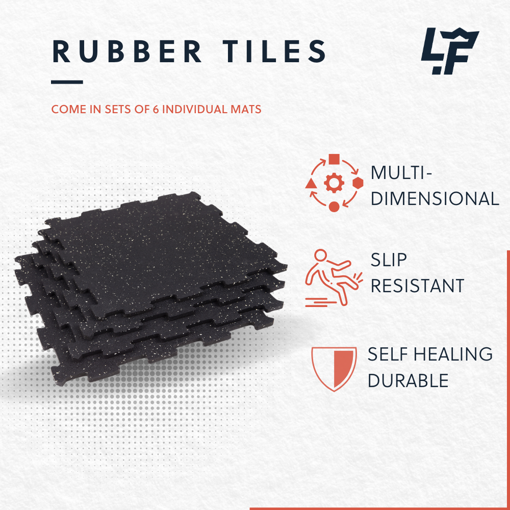 Interlocking Rubber Tiles - 18 Inch 8mm Thick (Set of 6) | USA-Made Flooring for Gym, Playroom & Garage | Non-Slip & Durable Rubber Floor Mats