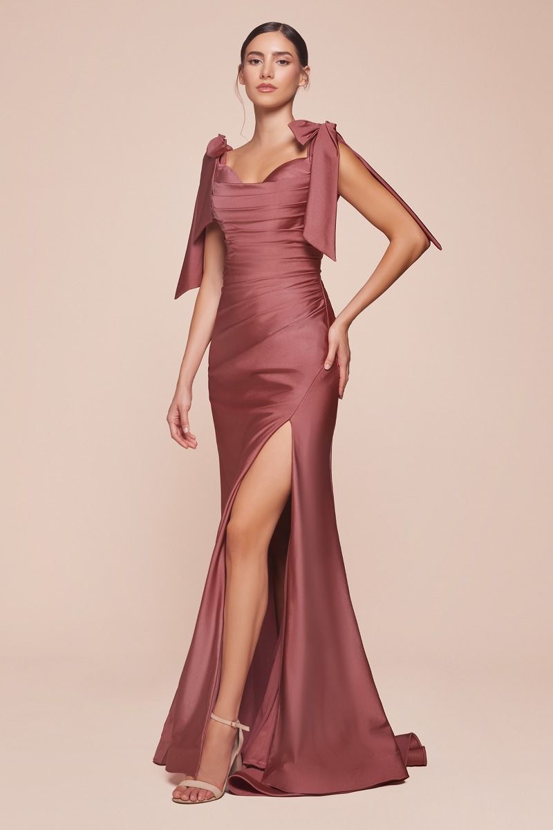 Sienna Rose Off Shoulder Stretch Spandex Satin Dress with Ties - Elegant Amber Gown for Evening Parties, Prom & Special Occasions