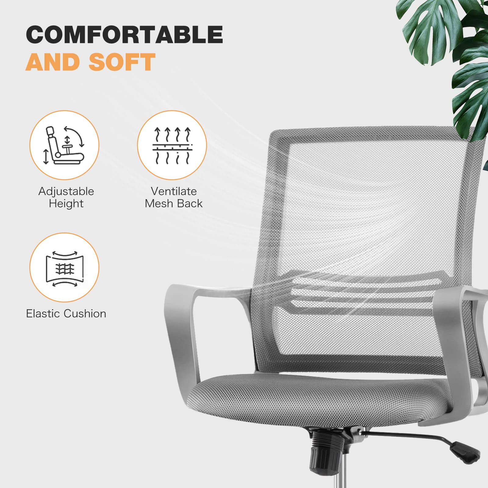 Ergonomic Office Chair with Lumbar Support - Adjustable Mesh Back, Swivel & Rolling Computer Desk Chair for Home & Office - Grey Mid Back Task Chair with Armrests - Perfect for Long Work Hours, Gaming & Study Sessions