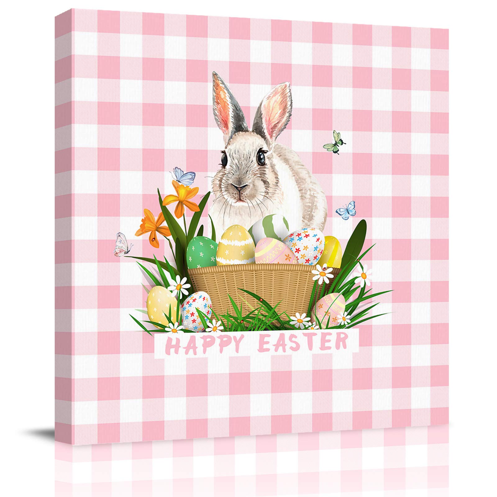 Easter Bunny Canvas Wall Art - Pink Checkered Buffalo Print Contemporary Square Painting for Home Decor (28x28 Inches) | Perfect for Bedroom, Living Room & Easter Party Backdrop