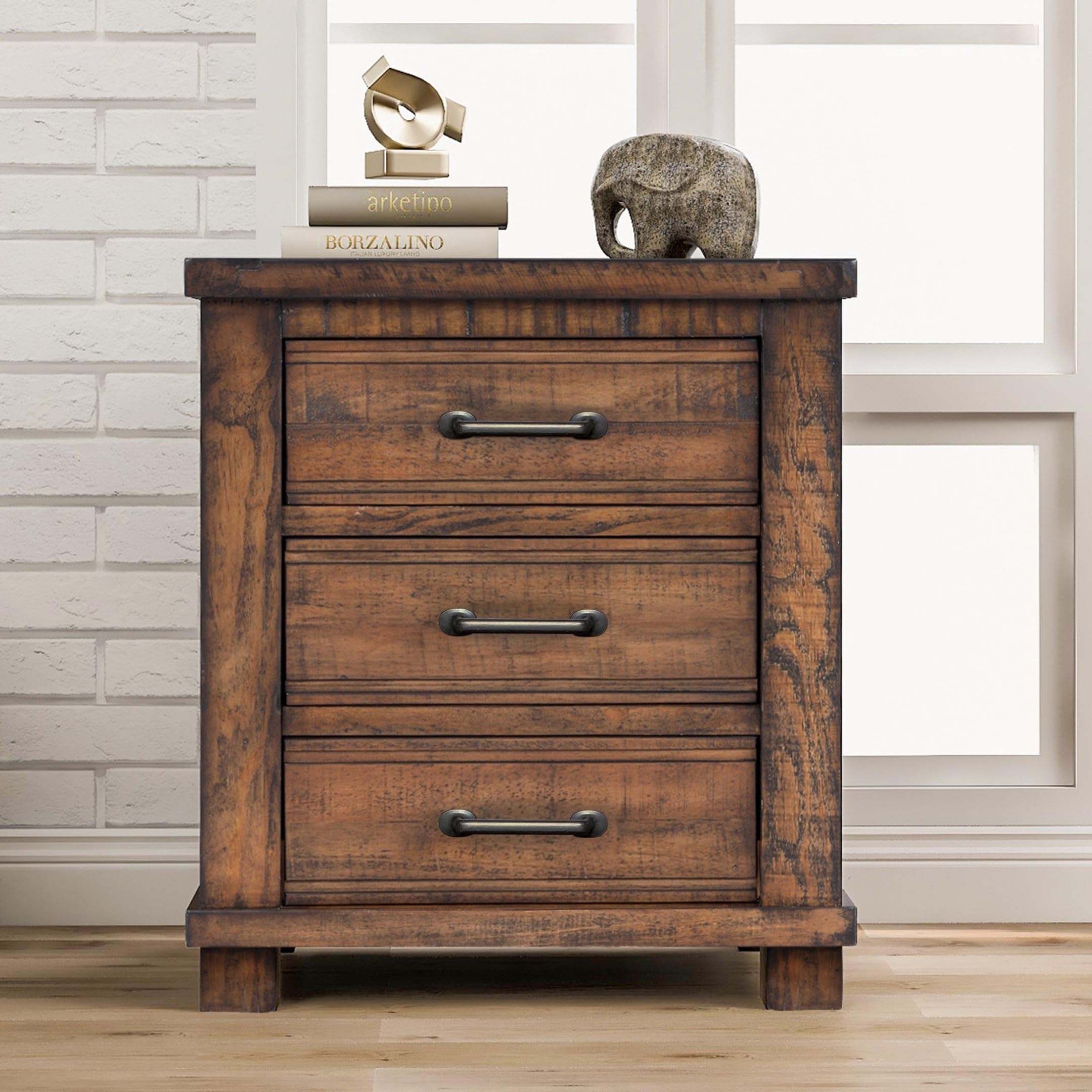 Rustic Reclaimed Pine Wood Nightstand with 3 Storage Drawers - Full Extension Drawer Slides & Antiqued Zinc Pulls - Bedside Table for Bedroom, Living Room, Guest Room - Perfect for Small Spaces & Home Decor