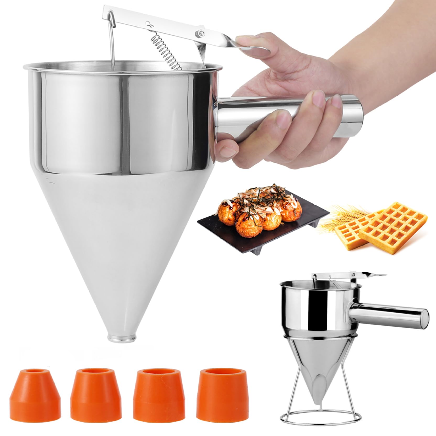 **40oz Stainless Steel Pancake Batter Dispenser with Stand & 4 Nozzles – Perfect for Griddle Cakes, Funnel Cakes, Desserts & Baking – Durable Piston Funnel for Easy Pouring**    *(Use Cases: Ideal for making pancakes, waffles, funnel cakes, cupcakes, crepes, and other desserts at home, bakeries, or food trucks.)*