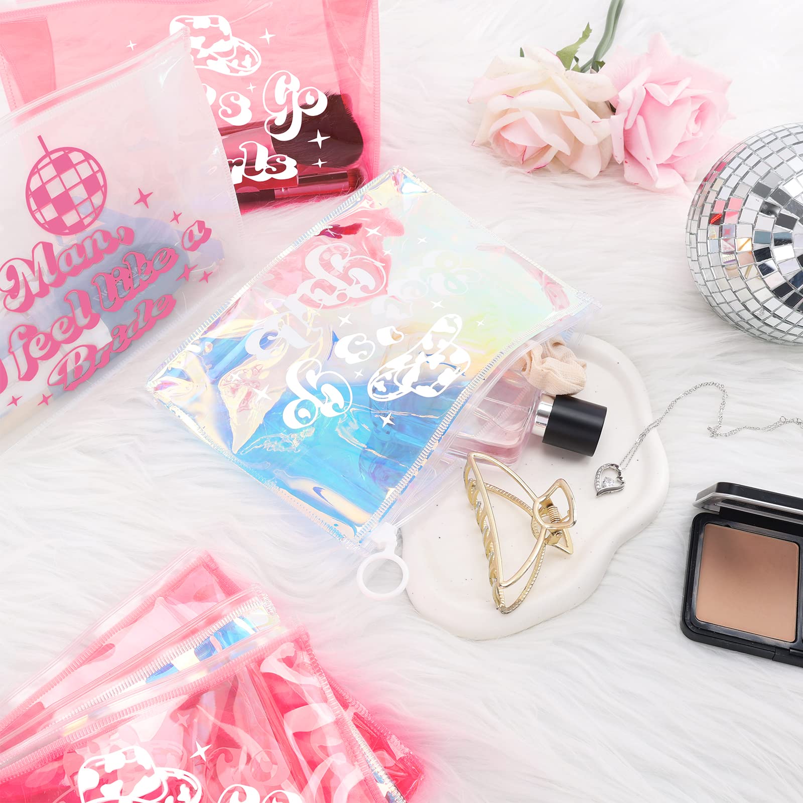 7 Pcs Retro Disco Cowgirl Makeup Bags - Holographic Cosmetic Bags with Zipper for Bachelorette Party, Girls Trip & Gift Ideas | Perfect for Travel, Bridal Showers & Festival Essentials