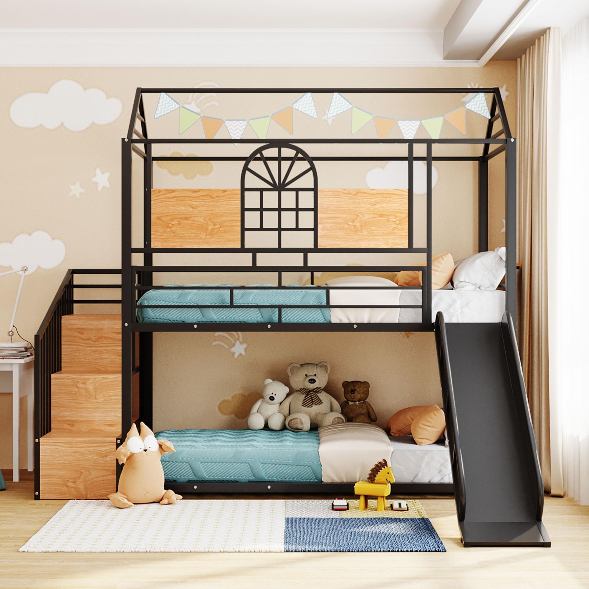 **Kids Metal Bunk Bed with Slide & Storage Stairs - Twin Over Twin House Bed with Full-Length Guardrails & Ladder - No Box Spring Needed (Black) - Perfect for Kids' Bedrooms, Playrooms & Sleepovers**