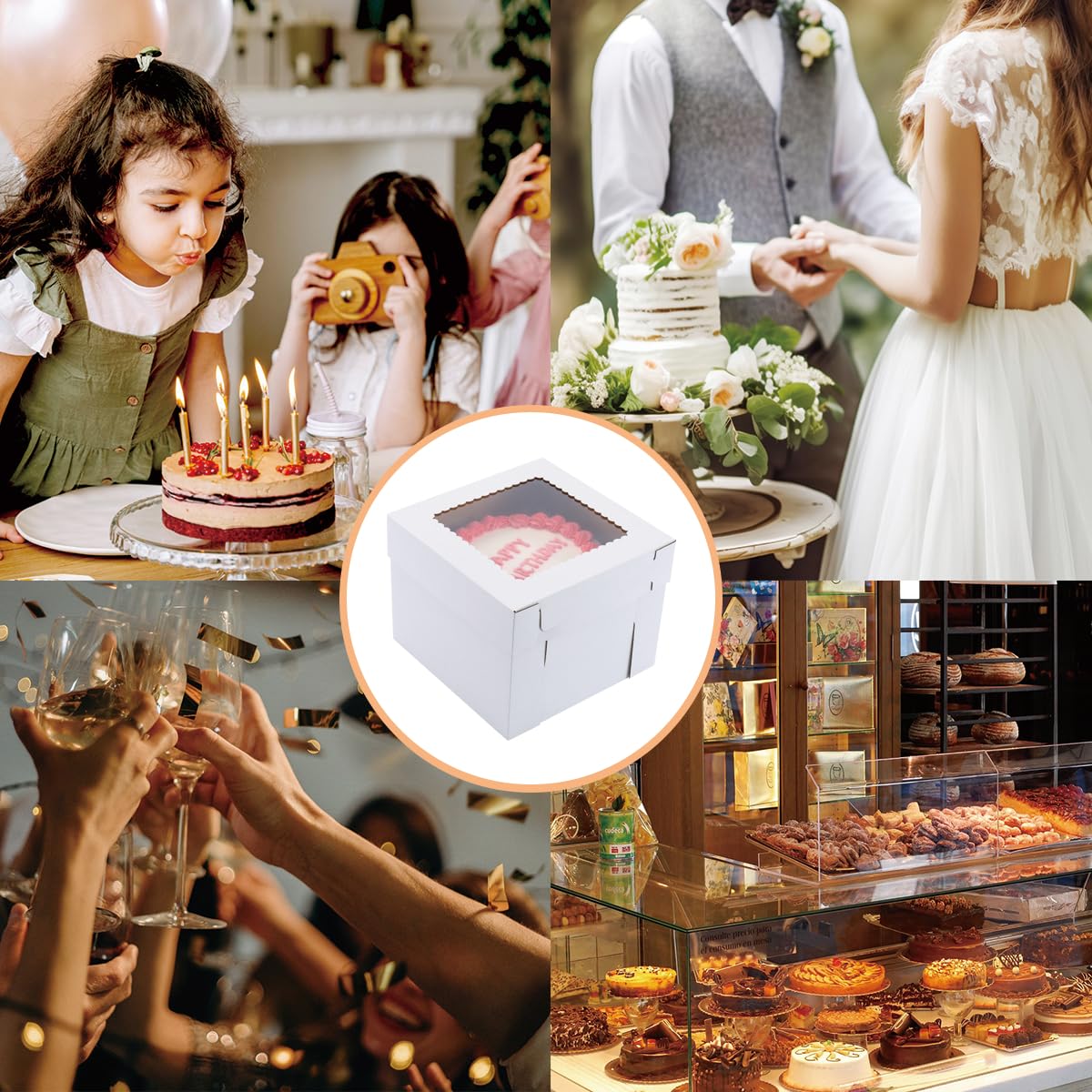 14x14x12 Inch Tall Cake Boxes for Wedding & Tier Cakes - 2 Pack Sturdy Bakery Boxes with Clear Window | Disposable Layer Cake Carrier for Parties, Events & Professional Baking