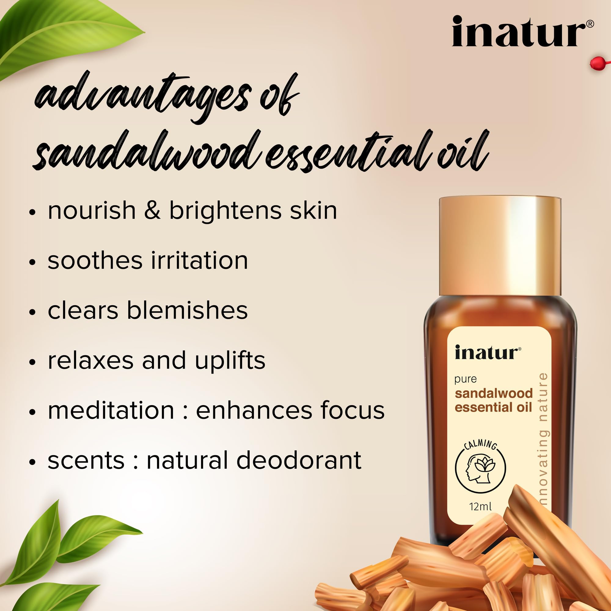 Pure & Natural inatur Sandalwood Essential Oil 12ml - Hydrating Face & Skin Care, Aromatherapy Oil for Relaxation & Stress Relief - Perfect for Diffusers, Massage, DIY Beauty Products & Spa Treatments