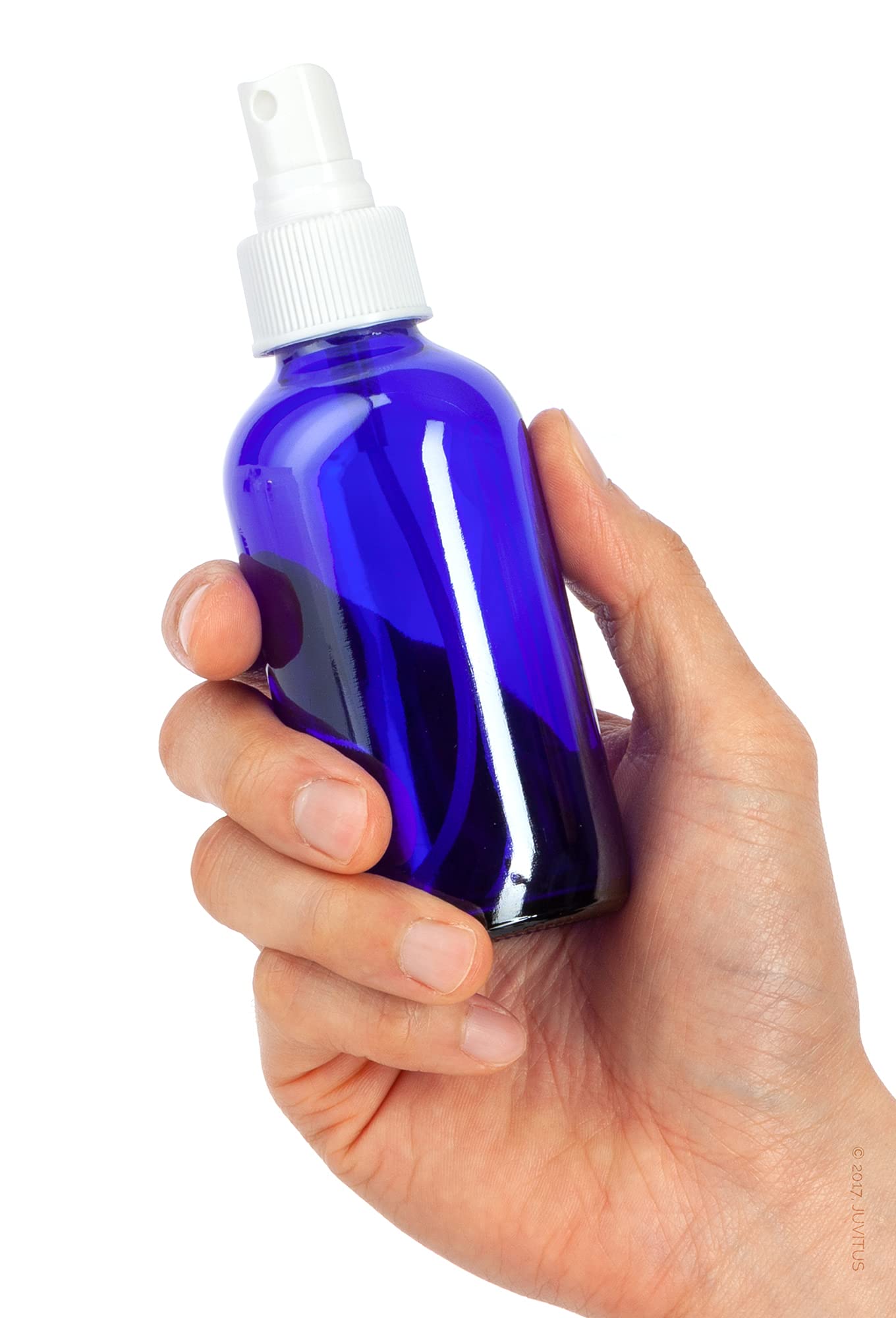 JUVITUS 4 oz Cobalt Blue Glass Boston Round Bottle with White Fine Mist Spray (12 Pack) + Funnel - Perfect for Essential Oils, Perfumes, DIY Beauty & Cleaning Solutions