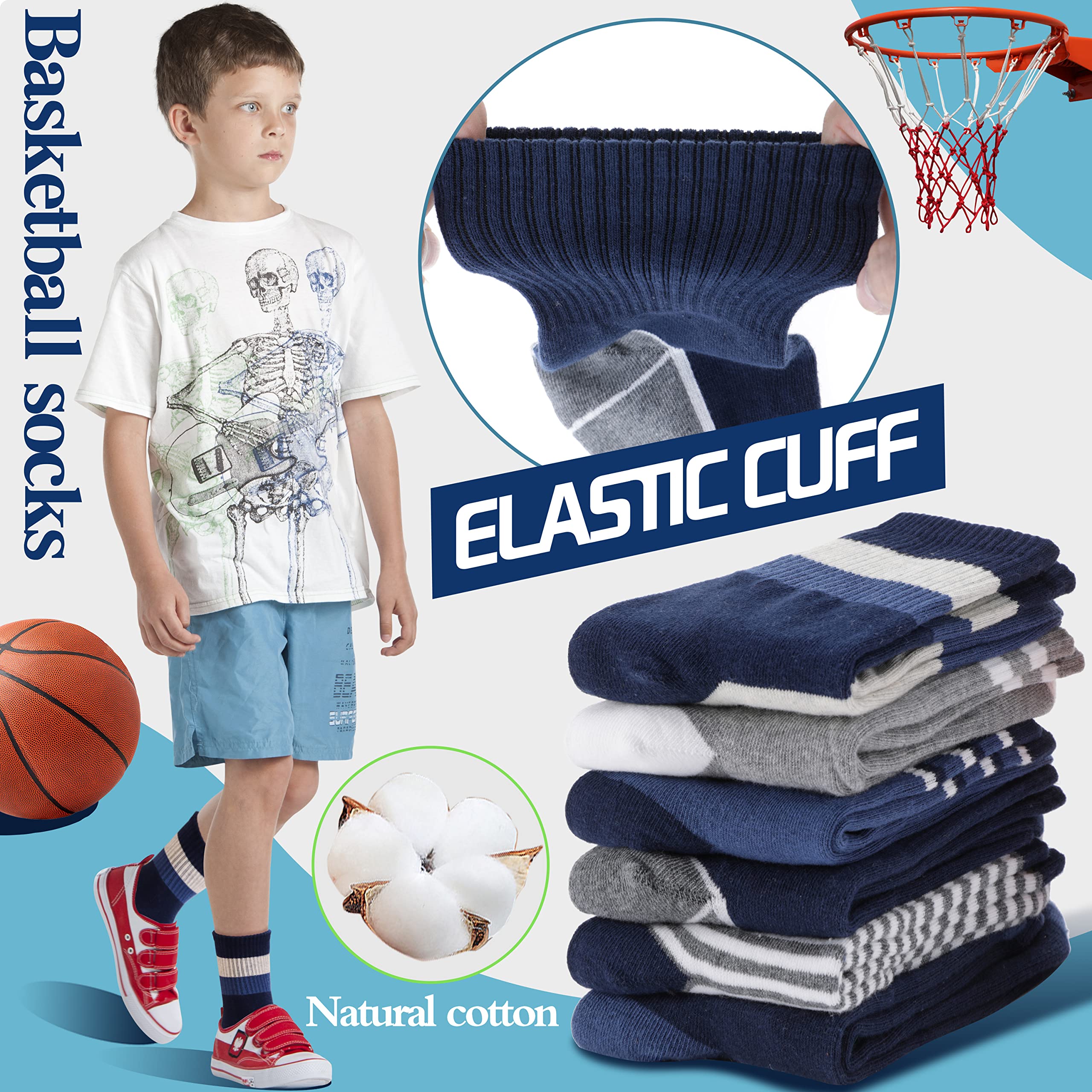 Welwoos 6 Pairs Boys Athletic Socks - Breathable Cotton Sport Crew Socks for Kids - Perfect for Running, School & Daily Wear