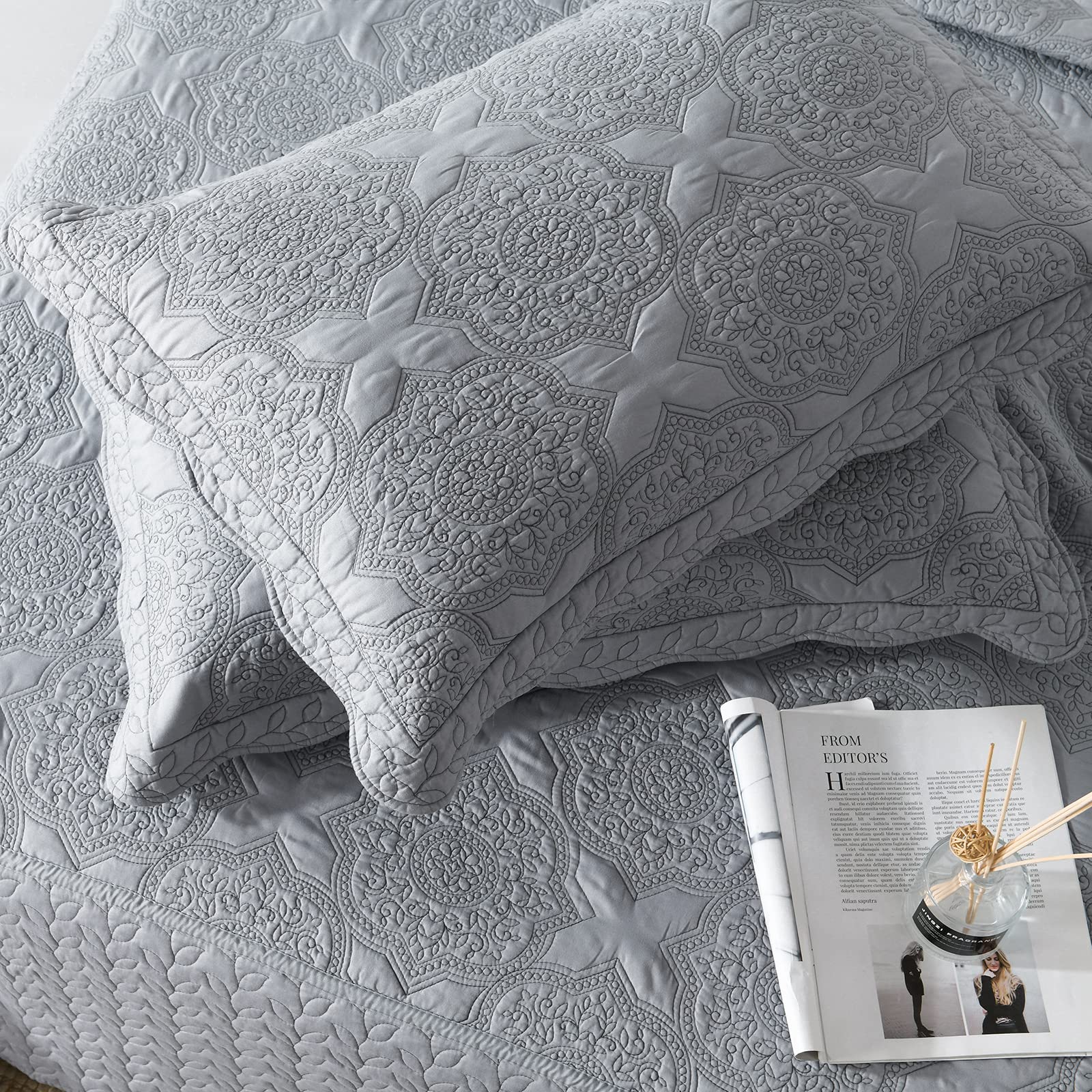 Brandream Queen Size Quilt Set - Grey Vintage Farmhouse Style Coverlet Bedding Collection (3-Piece) for Cozy Bedroom Decor & Guest Room Makeover