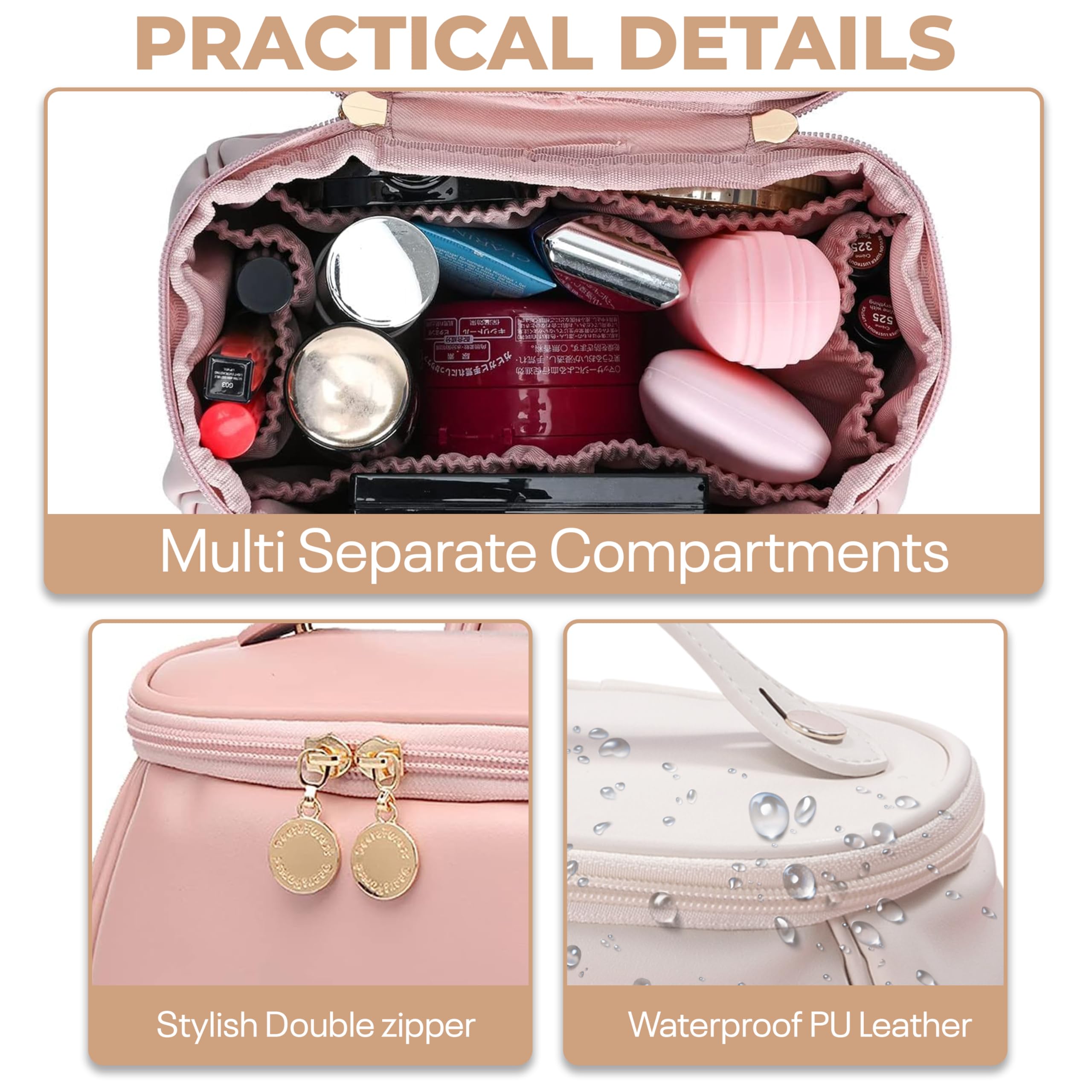 Zeahh's Pink PU Leather Makeup Bag for Women - Large Capacity Cosmetic Organizer with Handle & Divider, Portable Travel Makeup Pouch for Kit Storage | Perfect for Travel, Gym & Daily Beauty Essentials