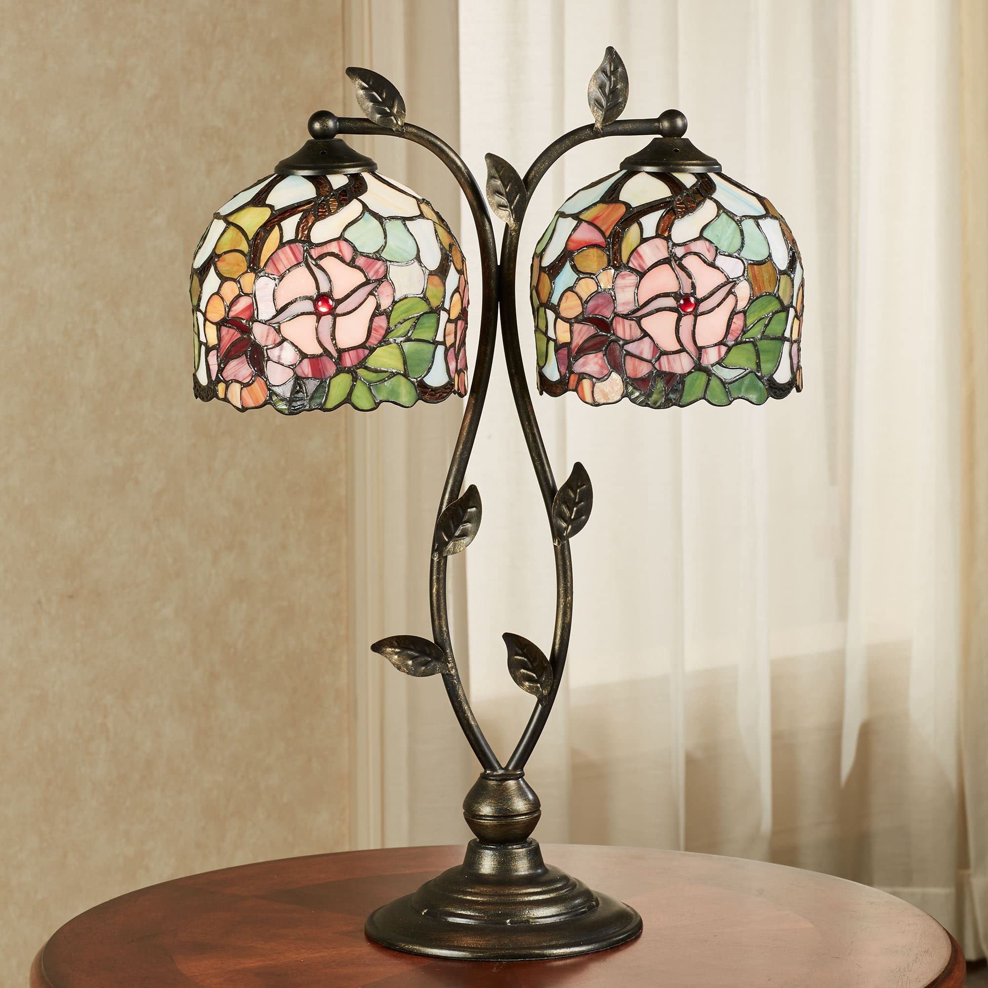 Handcrafted Tiffany Style Jacinthia Floral Stained Glass Table Lamp - Red & Pink Flowers, Double Shade, Hand-Painted - Elegant Bedroom & Desk Lighting for Home Decor, Living Room, Office