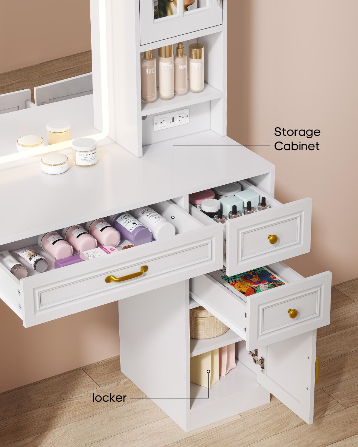 Vanity Desk with Mirror and Lights - Large Makeup Vanity with 6 Drawers, 7 Shelves, 2 RGB Cabinets & Power Outlet | 3 Light Modes, Touch Screen Mirror | Perfect for Women's Bedroom, Dressing Room & Home Decor (White)