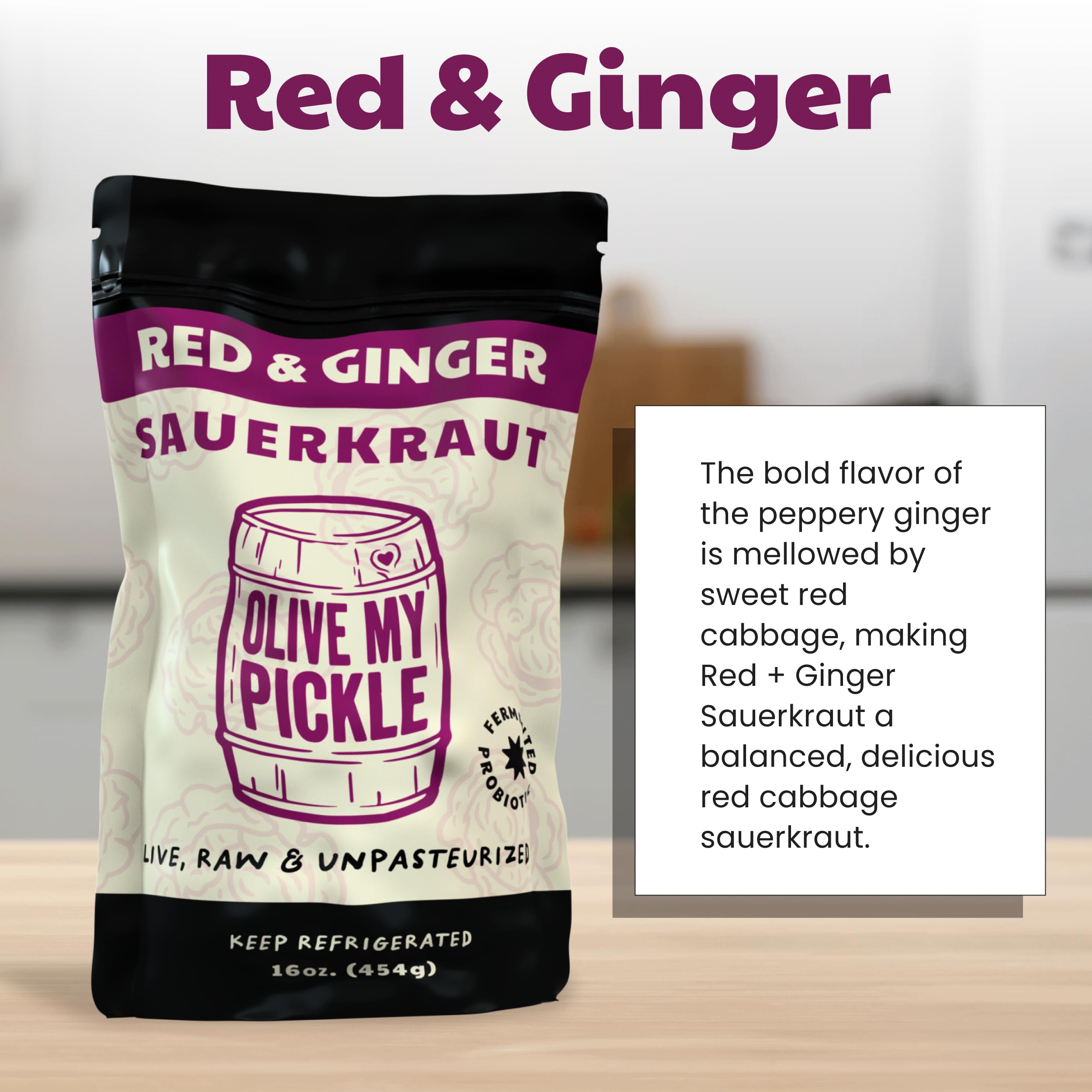 Fermented Sauerkraut 48oz - Probiotic Red & Ginger for Gut Health | Perfect for Sandwiches & Asian Dishes