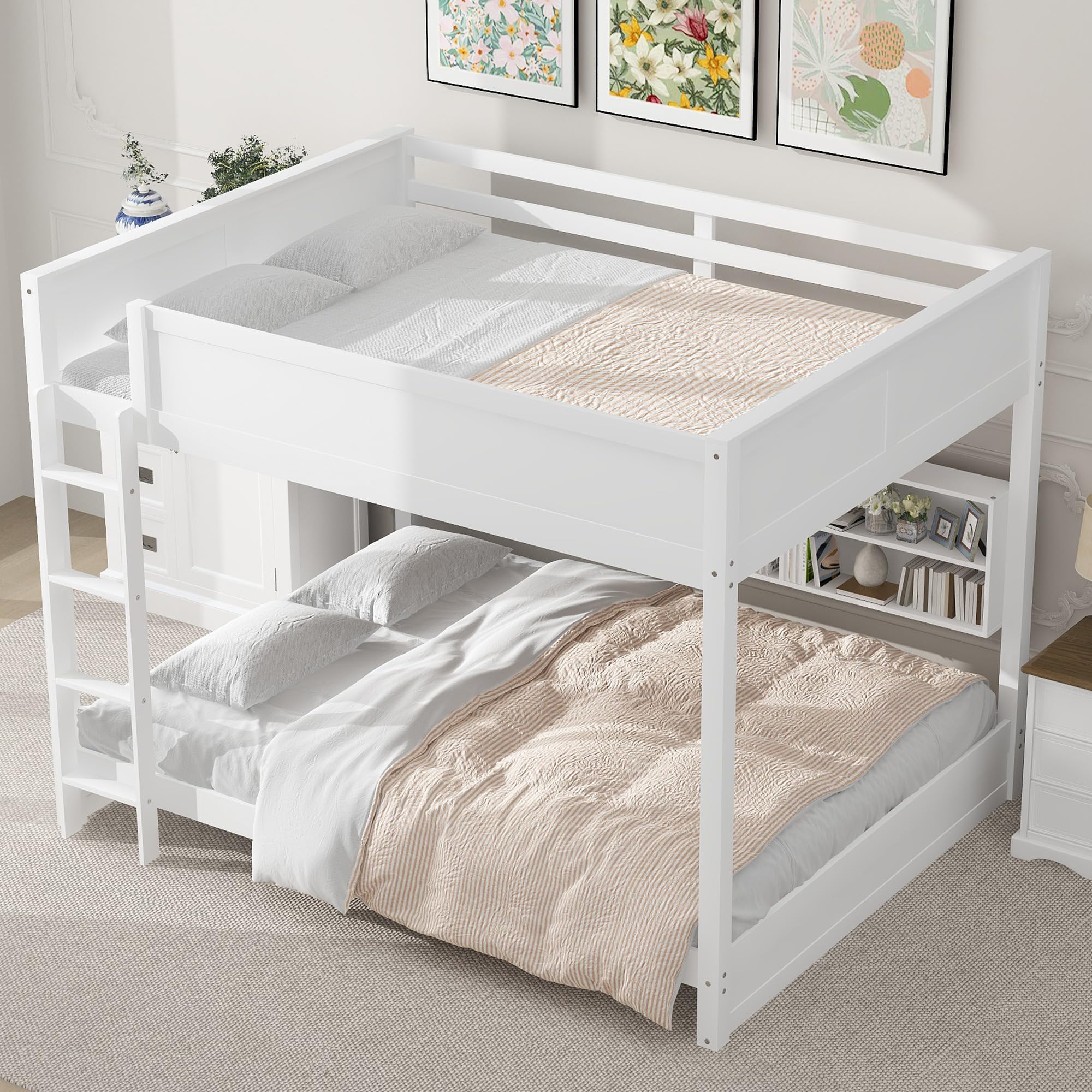 Merax Queen Over Queen Bunk Bed with Storage Shelves & USB Ports - Solid Wood Space-Saving Bunk Bed for Adults & Kids - Perfect for Small Bedrooms, Guest Rooms & Vacation Homes