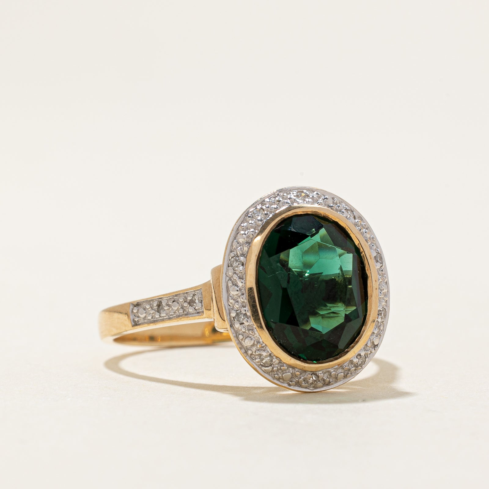 3.20ct Synthetic Emerald & Diamond Halo Ring - 0.07ctw Total Diamond Weight - Size 9.5 - Elegant Engagement, Wedding or Anniversary Jewelry Gift for Women