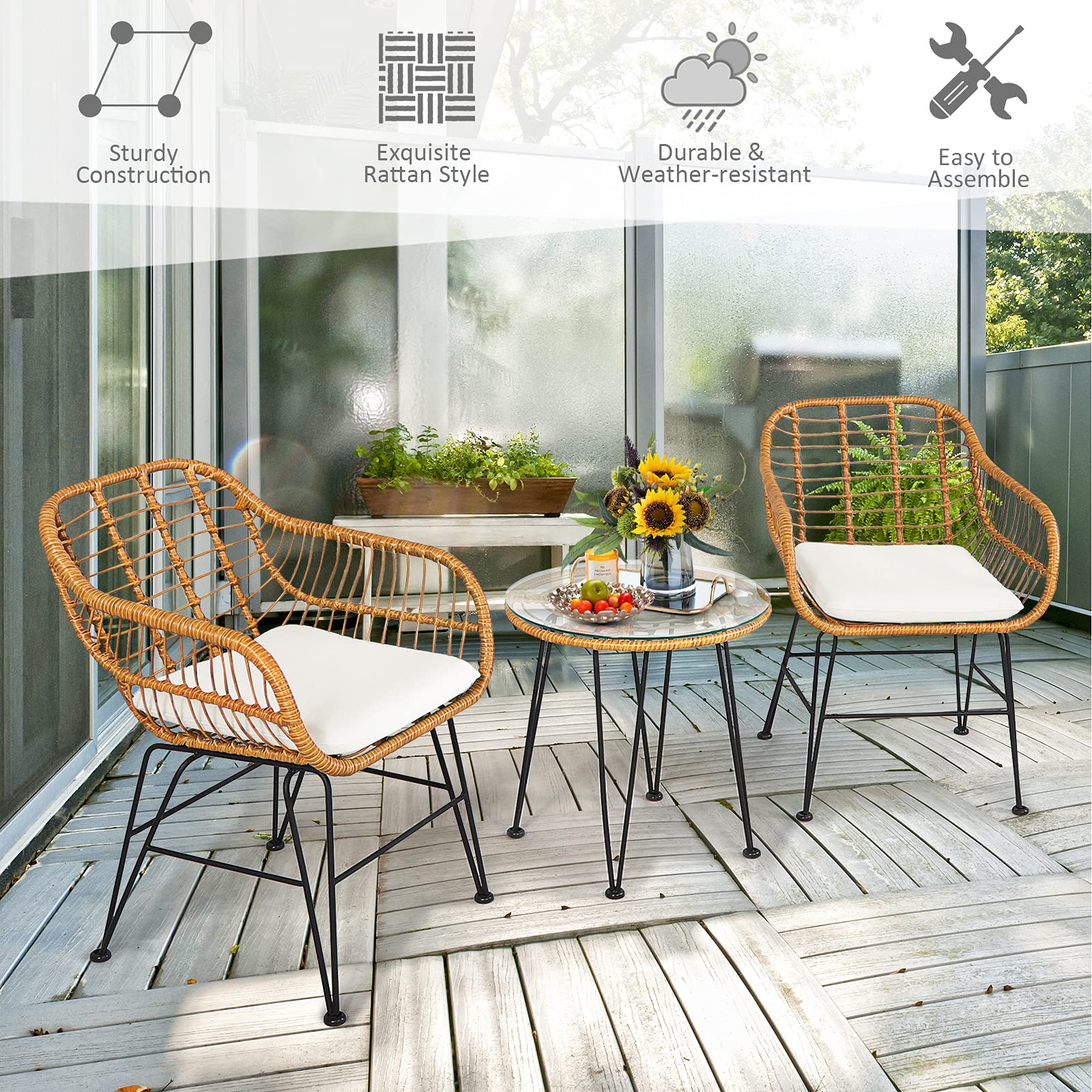 Tangkula 3-Piece Patio Bistro Set - Rattan Wicker Conversation Set with 2 Cushioned Armchairs & Round Glass Coffee Table - Indoor Outdoor Furniture for Balcony, Backyard, Garden, Poolside - Perfect for Relaxing, Entertaining, and Outdoor Dining