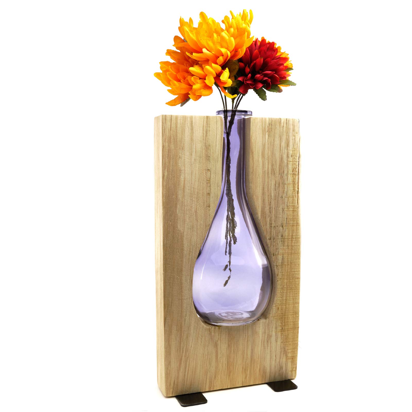 EXCELLO GLOBAL PRODUCTS Round Purple Glass and Wood Vase - 13