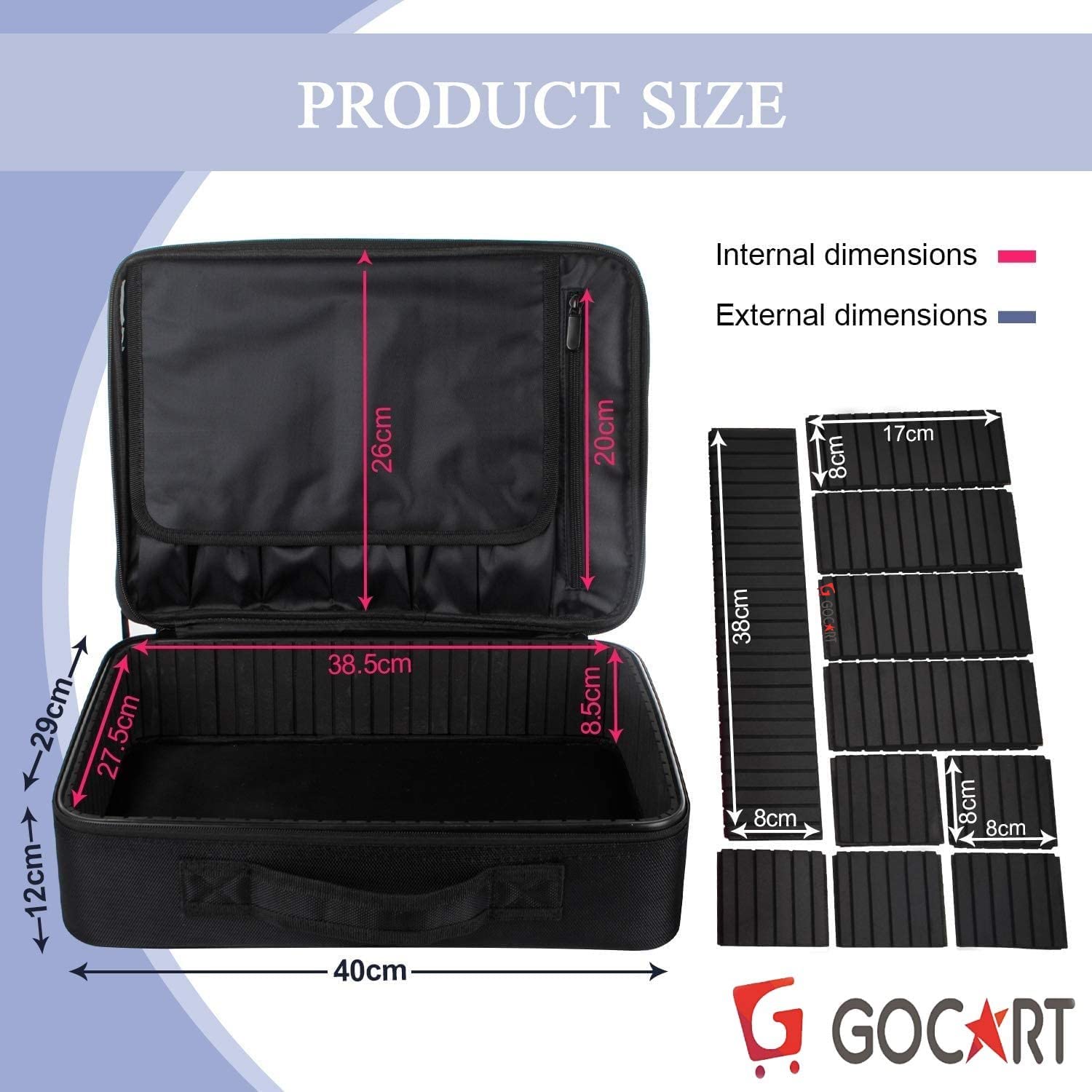 GOCART WITH G LOGO 18 Inch Black Train Case Makeup Organizer - Adjustable Dividers, Vanity Storage Box for Cosmetics & Beauty Tools | Perfect for Travel, Salon & Home Use