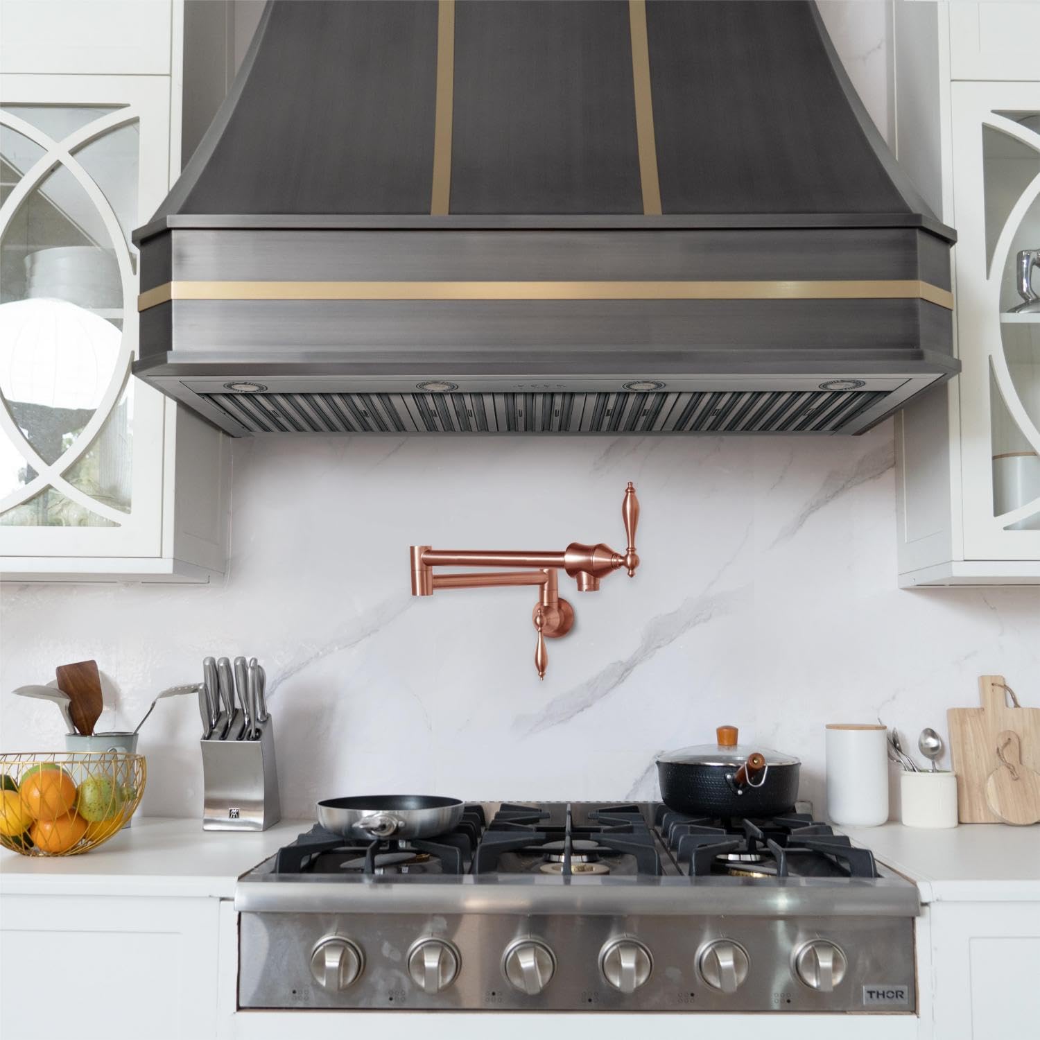 SINDA Wall Mount Pot Filler Kitchen Faucet - Solid Brass Swing Arm Folding Faucet with Double Joint & Two Handles, Brushed Copper Finish - Perfect for Filling Large Pots & Pans in Commercial Kitchens & Home Cooking Stations
