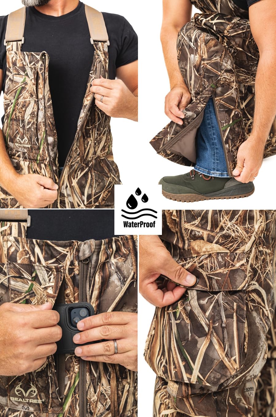 Realtree Men's Edge Timber Camo Hunting Bibs - Insulated Windproof Waterproof Coveralls for Cold Weather - Ideal for Deer Hunting, Ice Fishing & Outdoor Winter Activities