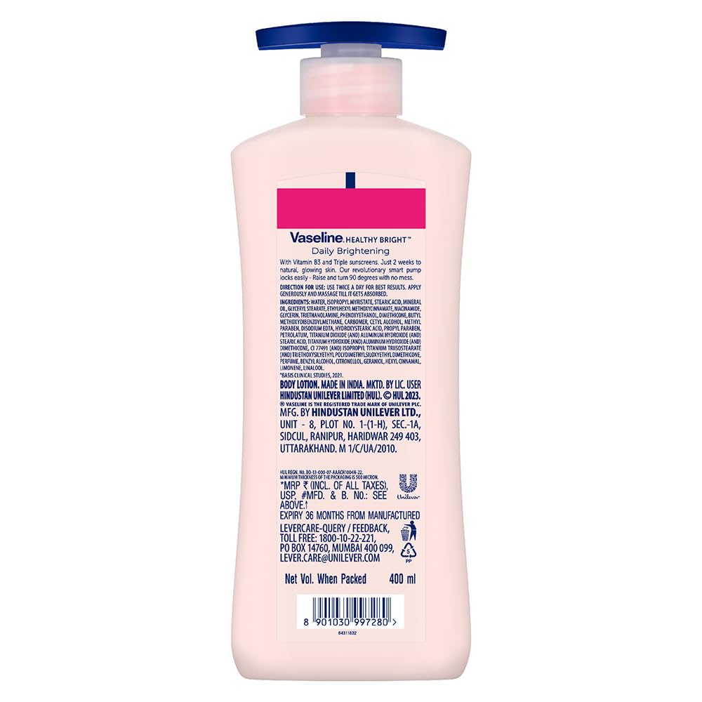 Vaseline Healthy Bright Daily Moisturizing Body Lotion with Vitamin B3 - 400ml for Glowing & Radiant Skin - Lightweight, Non-Sticky, Non-Oily Formula for Dry Skin - Visible Results in 2 Weeks - Perfect for Daily Hydration & Skin Brightening Routine