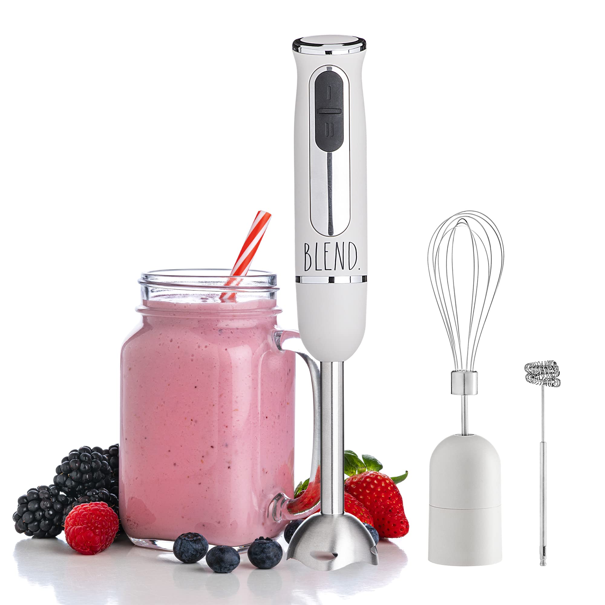Rae Dunn Immersion Hand Blender - 500W 2-Speed Handheld Blender with Stainless Steel Blade, Includes Egg Whisk & Milk Frother Attachments (Sand Color) - Perfect for Smoothies, Soups, Sauces & Baking at Home