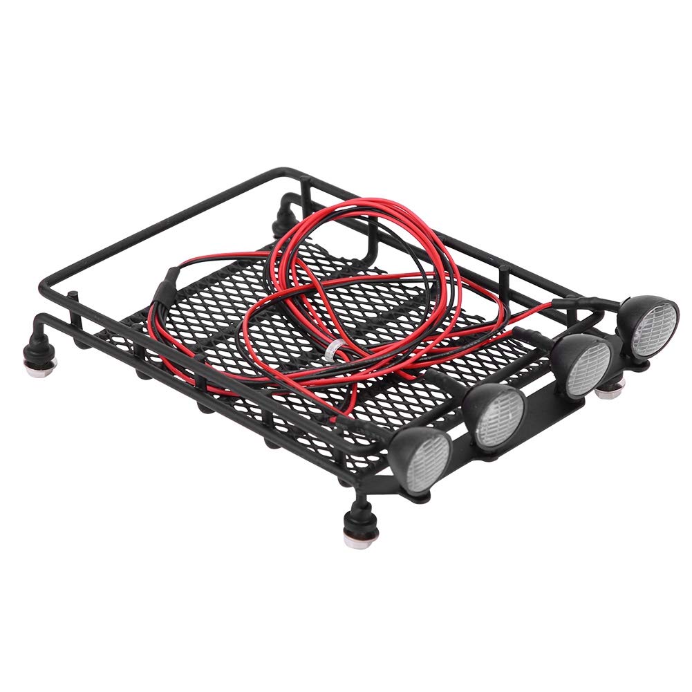 RC Car Roof Rack for Axial SCX10 1/10 Scale Crawler - Middle Size Luggage Carrier with 4 Round White LED Lights, Perfect for Off-Road Adventures and Night Trail Runs
