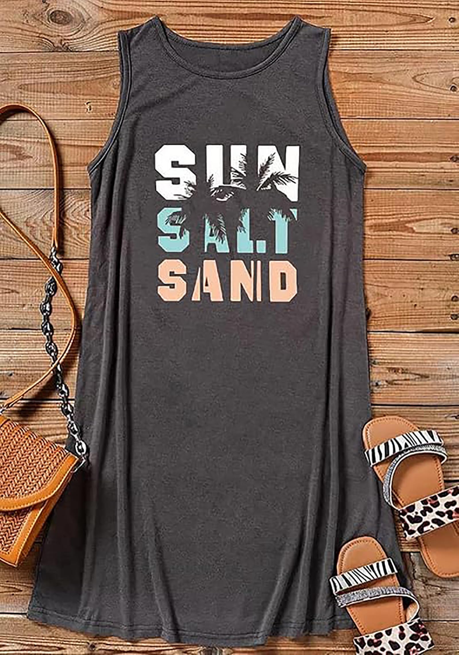 Women's Sleeveless Sun Salt Sand Coconut Tree Print Tank Mini Dress - Beach Party, Summer Vacation, Tropical Holiday Outfit - Perfect for Poolside, Seaside Getaways & Tropical Vacations
