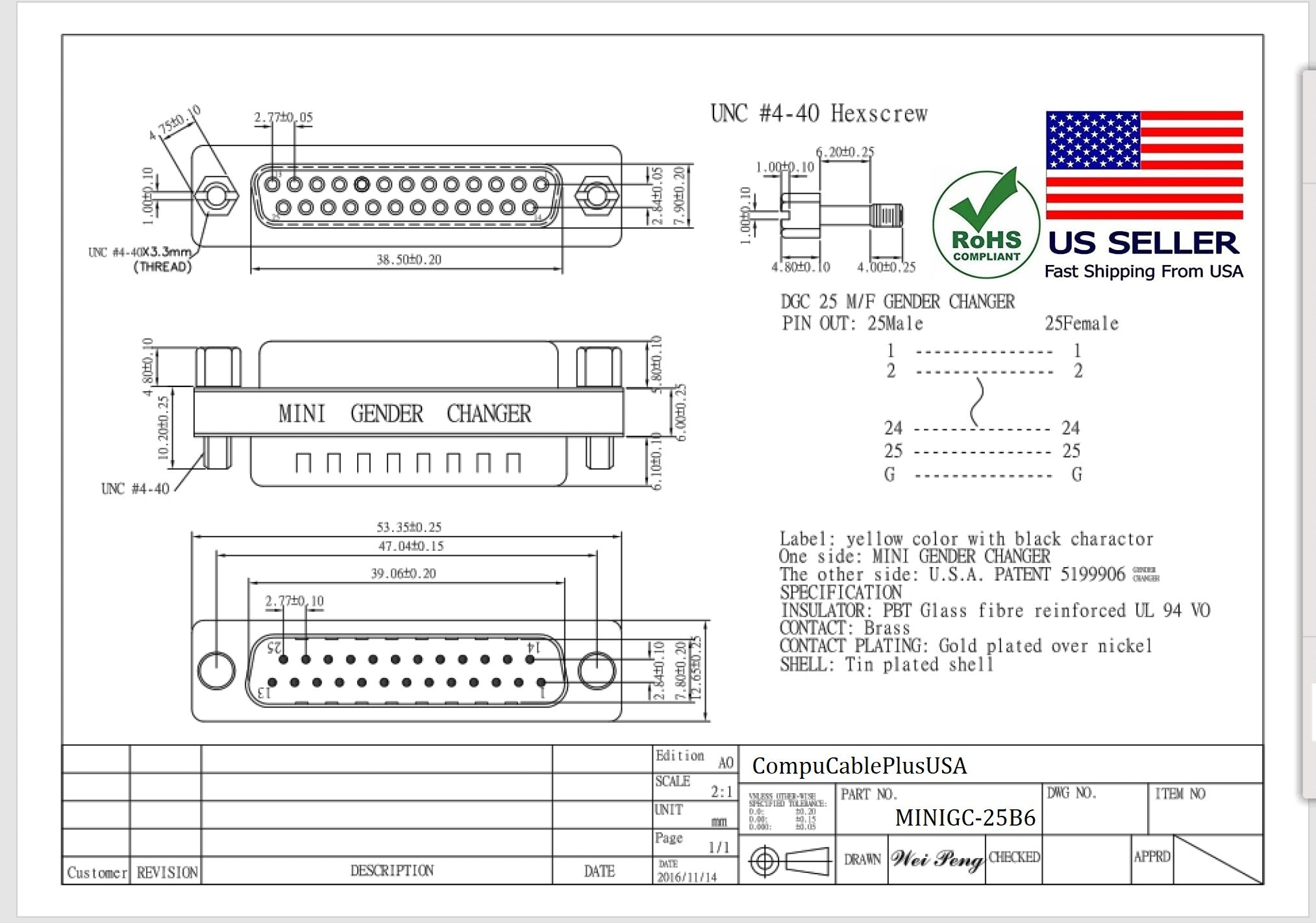 DB25 Male to Female D-Sub Serial Mini Gender Changer Coupler Adapter (6-Pack) - Perfect for Computer, Printer & Industrial Equipment Connections