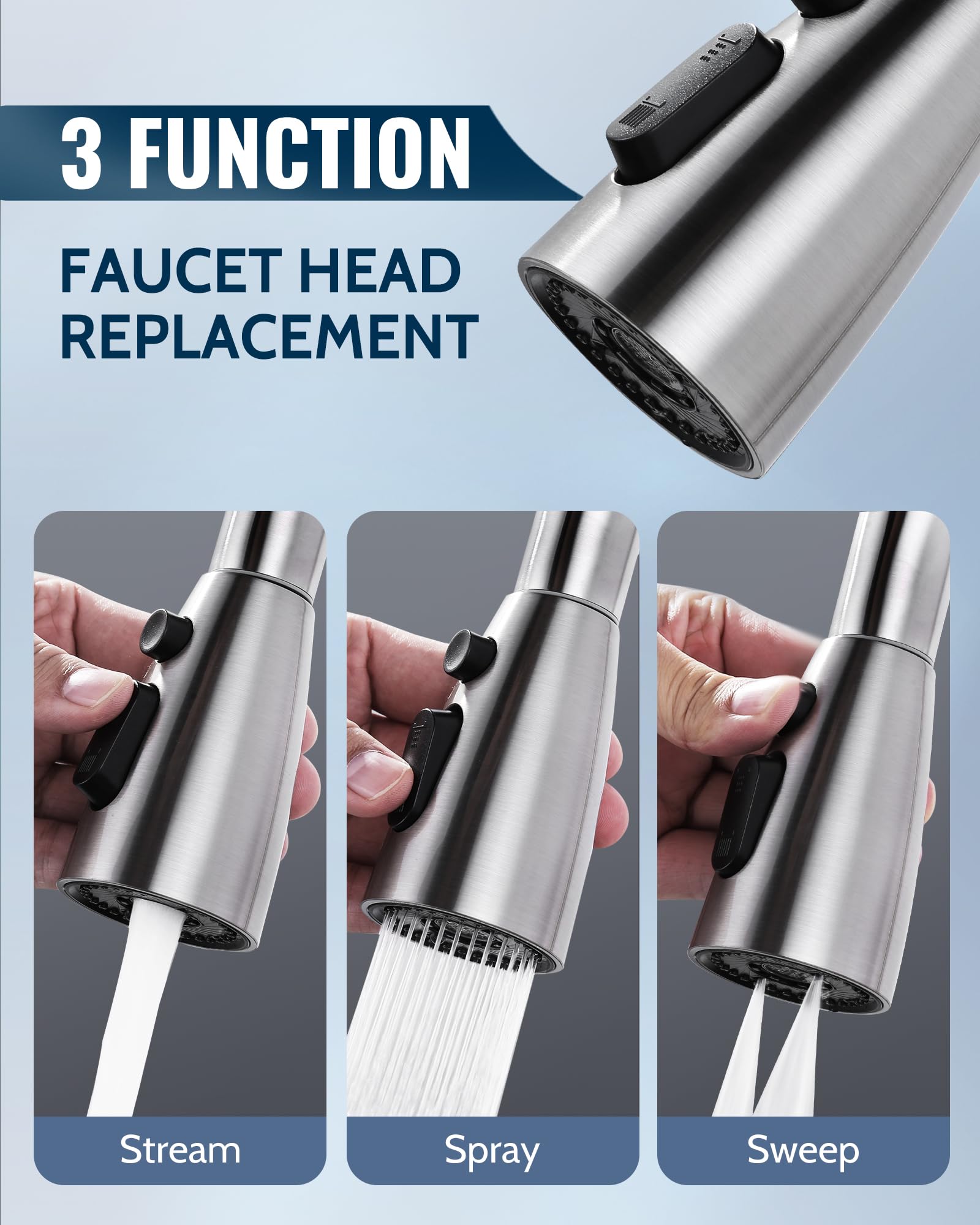 Stainless Steel Kitchen Faucet Head Replacement - 3 Mode Pull Out Spray Nozzle with 9 Adapters, Compatible with Moen Kohler Delta G1/2 Faucets (Brushed Nickel) - Perfect for Kitchen Sink Upgrades & Dishwashing