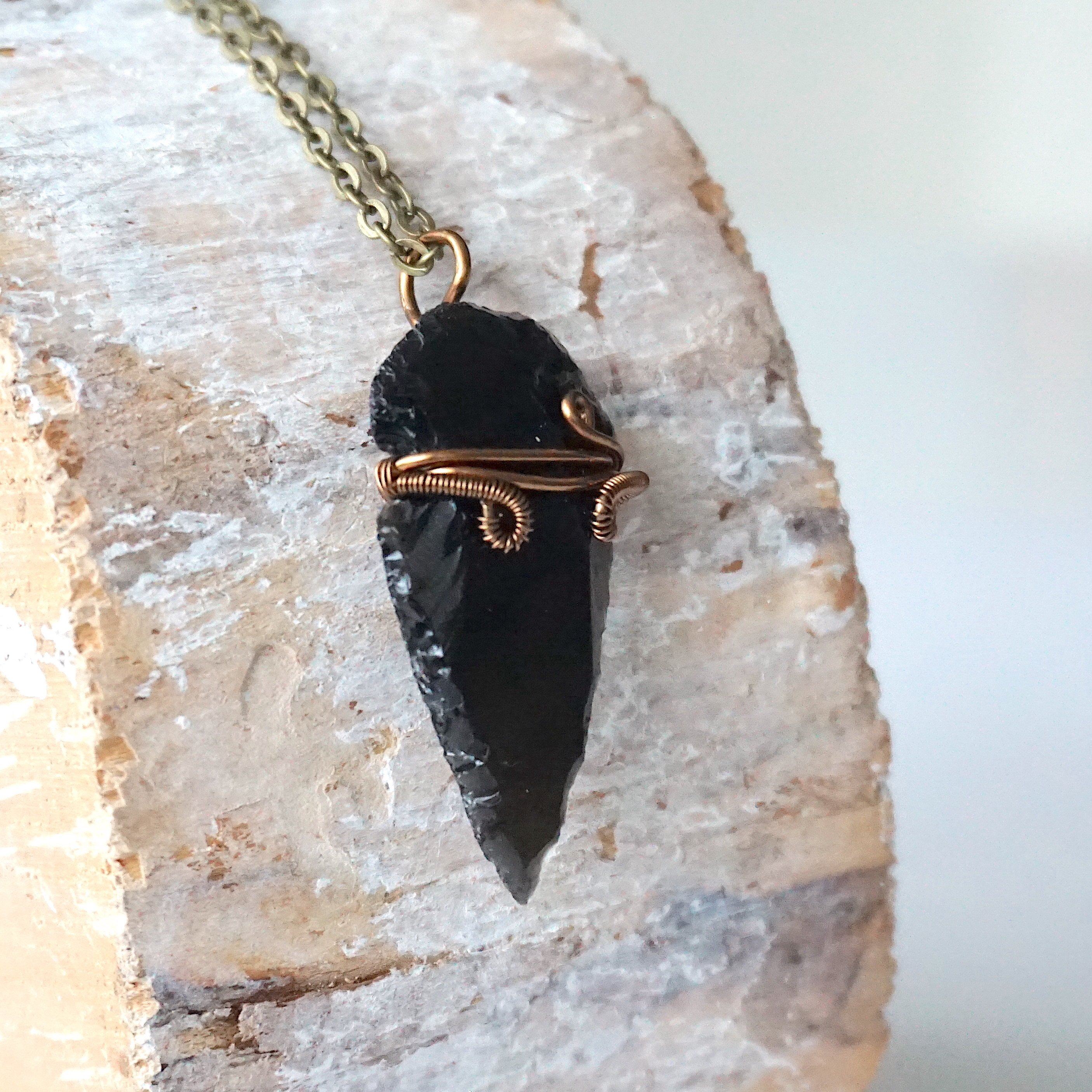 Obsidian Arrowhead Pendant Necklace in Antique Bronze - Handmade Stone Jewelry for Men & Women | Perfect for Outdoor Adventures, Spiritual Healing & Boho Fashion